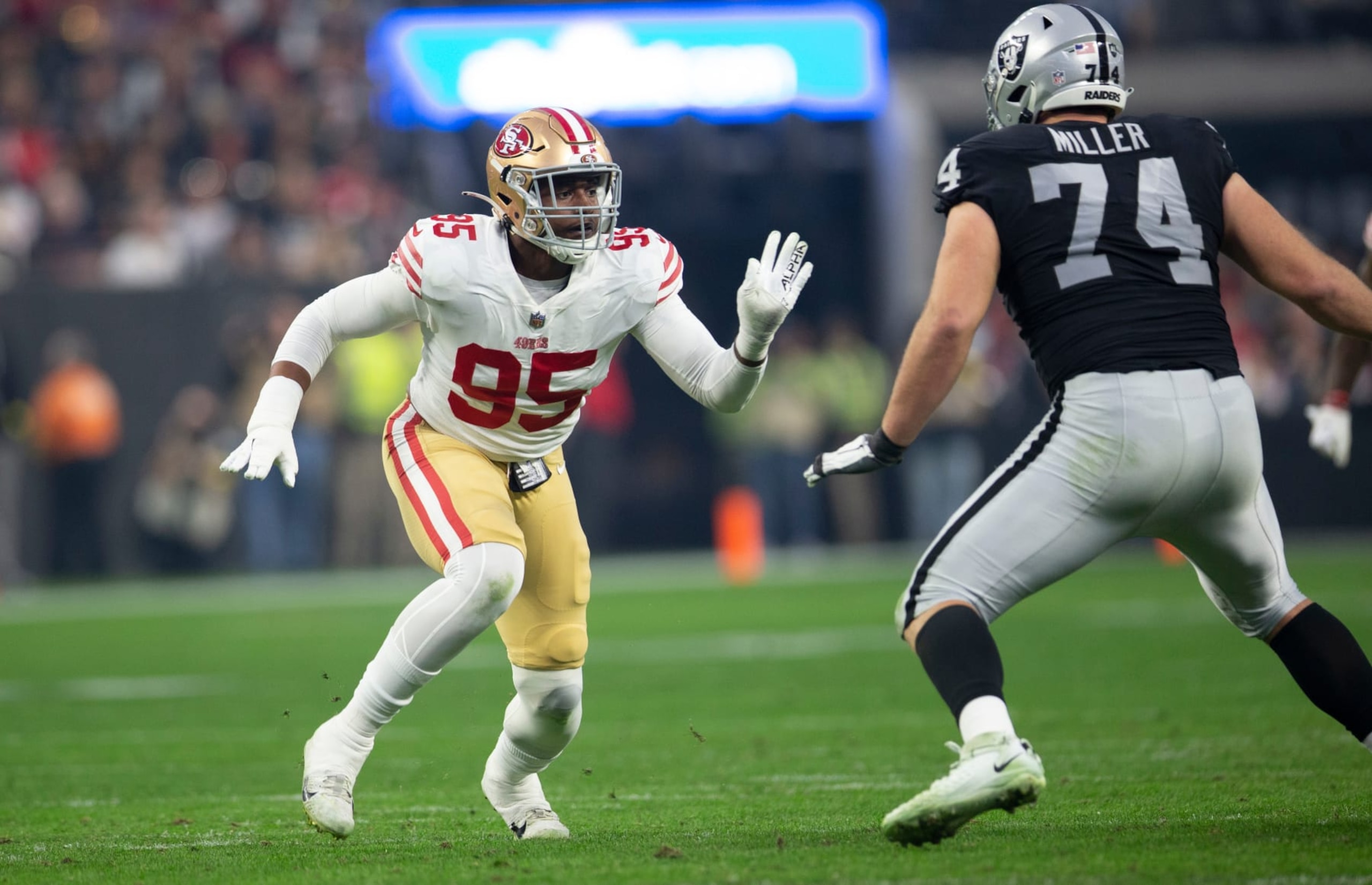 LAS VEGAS, NV - JANUARY 1: Drake Jackson #95 of the San Francisco 49ers rushes the quarterback during the game against the Las Vegas Raiders at Allegiant Stadium on January 1, 2023 in Las Vegas, Nevada. The 49ers defeated the Raiders 37-34. (Photo by Michael Zagaris/San Francisco 49ers/Getty Images)