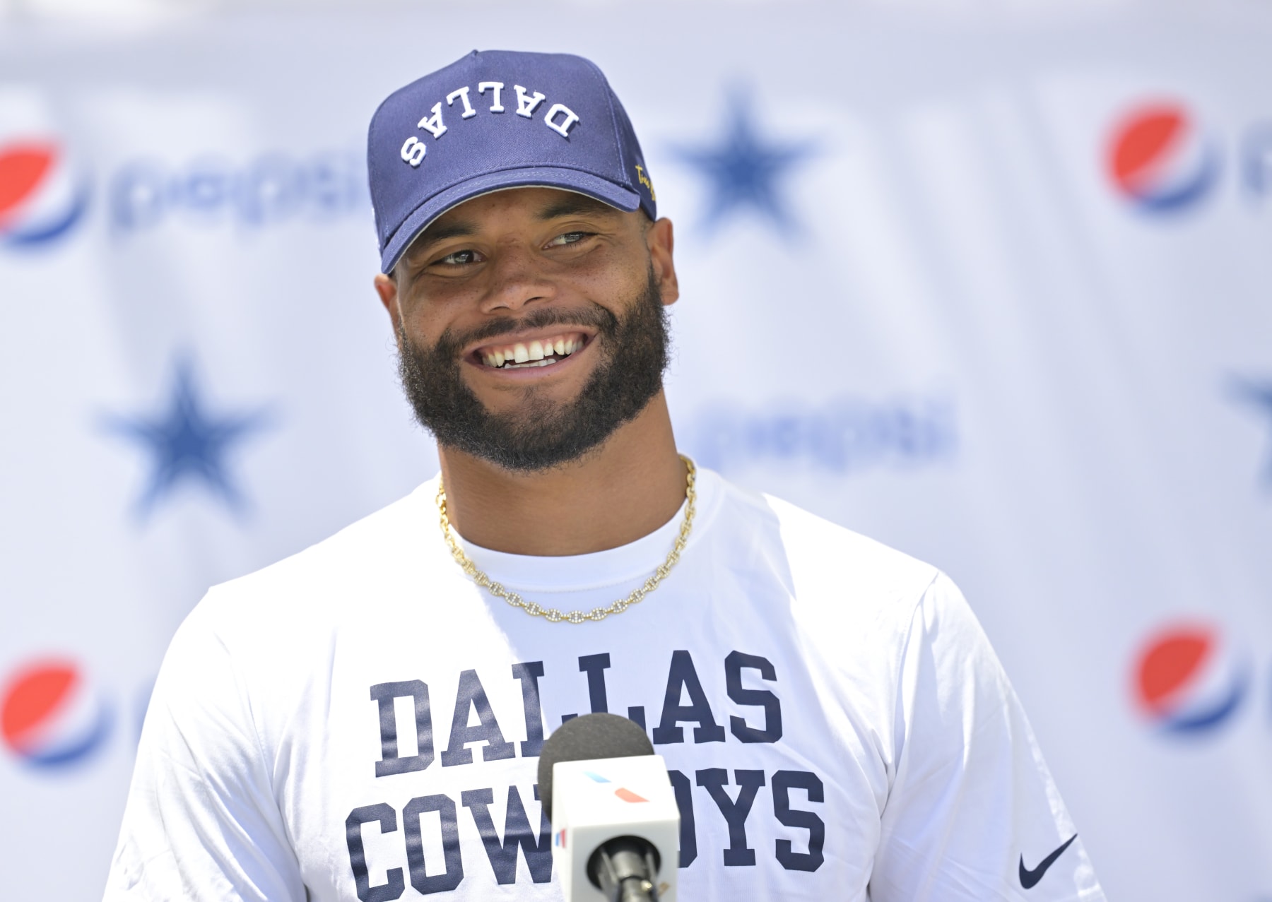OXNARD, CALIFORNIA - JULY 27: Quarterback Dak Prescott #4 of the Dallas Cowboys speaks at a news conference during training camp at River Ridge Playing Fields on July 27, 2023 in Oxnard, California. (Photo by Jayne Kamin-Oncea/Getty Images)