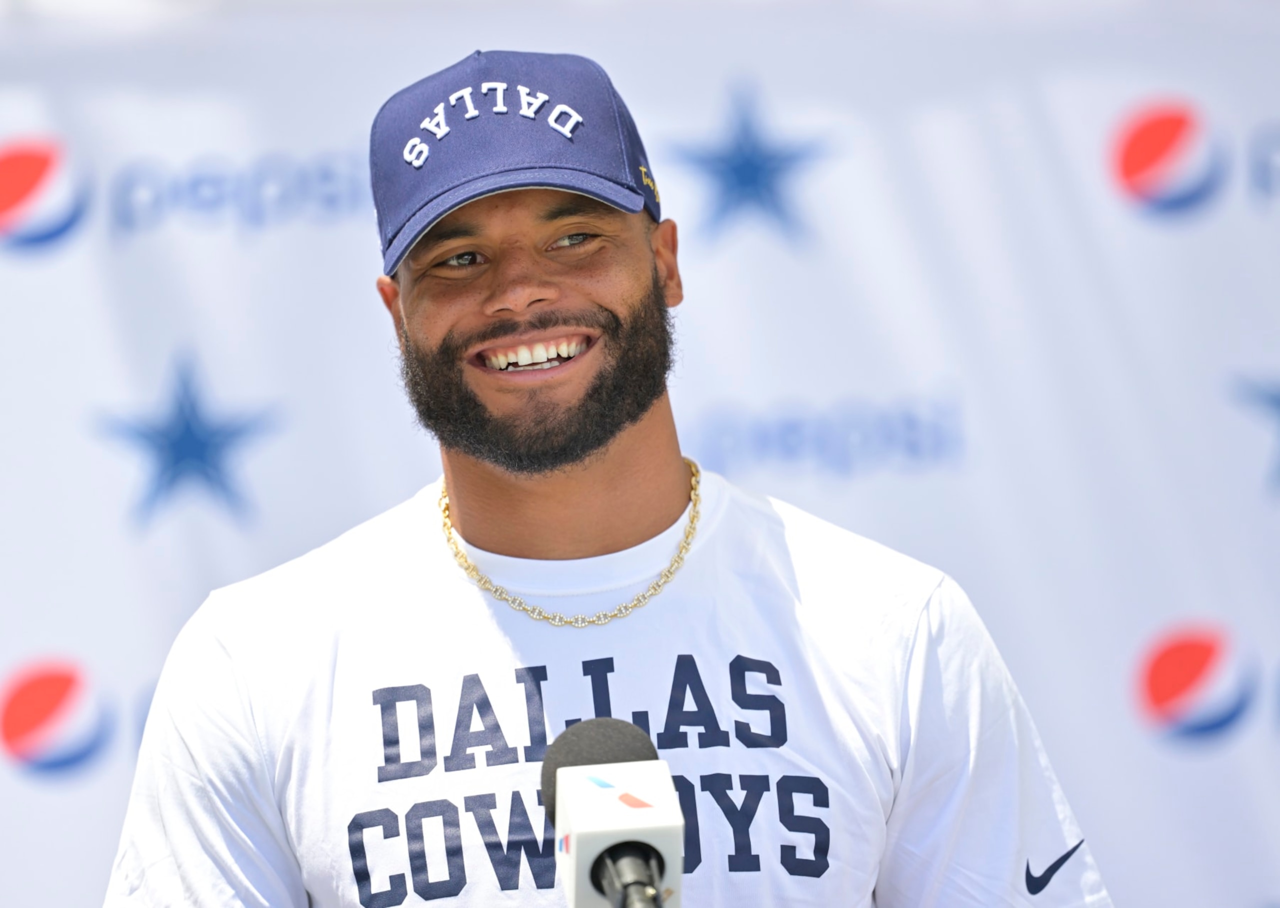 OXNARD, CALIFORNIA - JULY 27: Quarterback Dak Prescott #4 of the Dallas Cowboys speaks at a news conference during training camp at River Ridge Playing Fields on July 27, 2023 in Oxnard, California. (Photo by Jayne Kamin-Oncea/Getty Images)