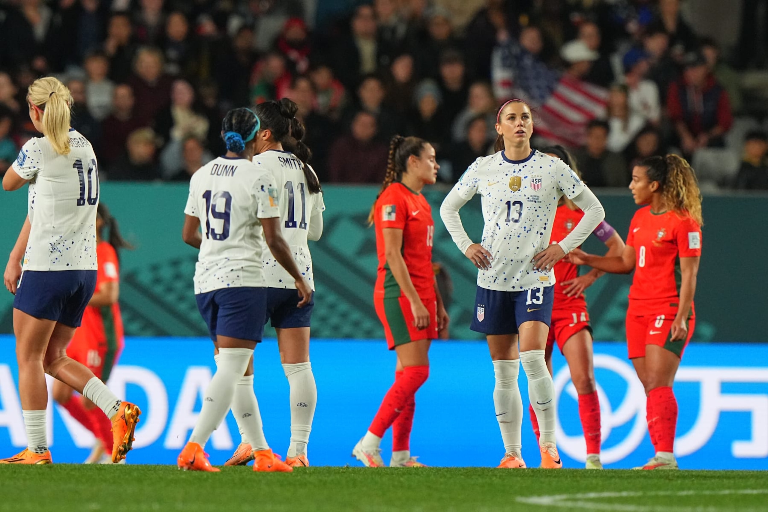 Soccer: FIFA World Cup: USA Alex Morgan (13) in action, looks on vs Portugal during a Group E match at Eden Park. 
Auckland, NZ 8/1/2023 
CREDIT: Erick W. Rasco (Photo by Erick W. Rasco/Sports Illustrated via Getty Images) 
(Set Number: X164390 TK1)
