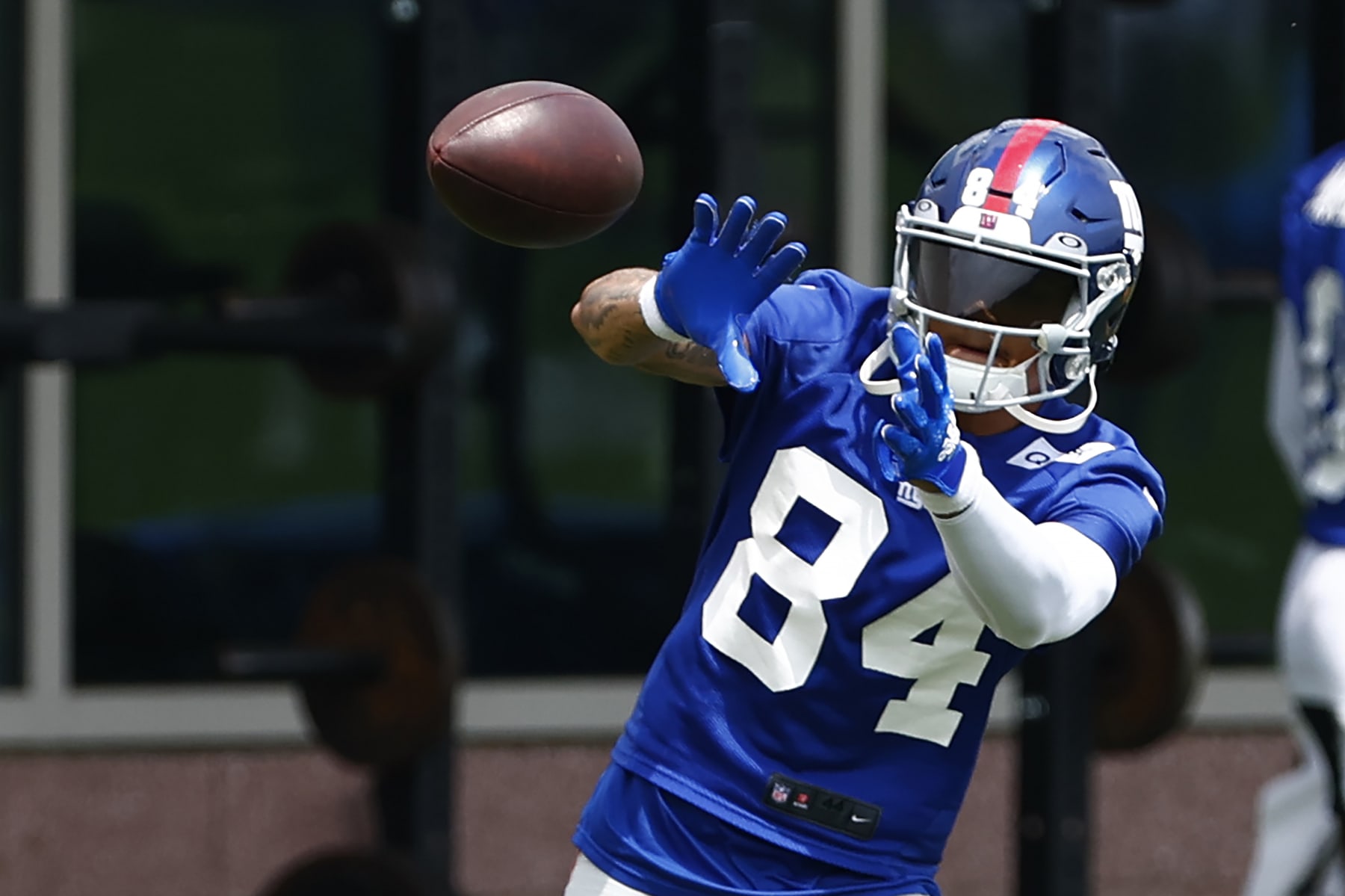EAST RUTHERFORD, NEW JERSEY - JUNE 14: Wide receiver Jalin Hyatt #84 of the New York Giants makes a catch during the teams mini camp at Quest Training Center on June 14, 2023 in East Rutherford, New Jersey. (Photo by Rich Schultz/Getty Images)