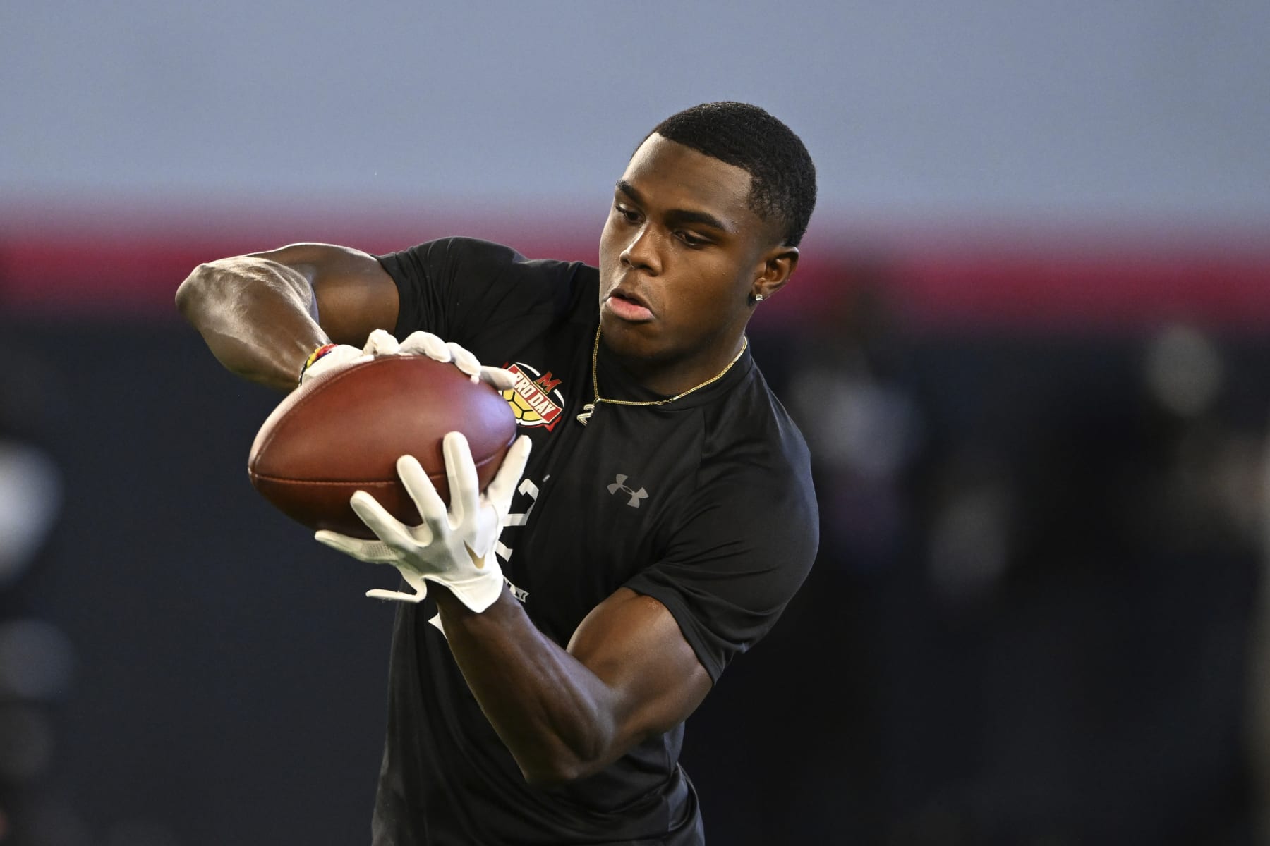 Cornerback Jakorian Bennett works out during Maryland's football pro day on Wednesday, March 29, 2023, in College Park, Md. (AP Photo/Gail Burton)