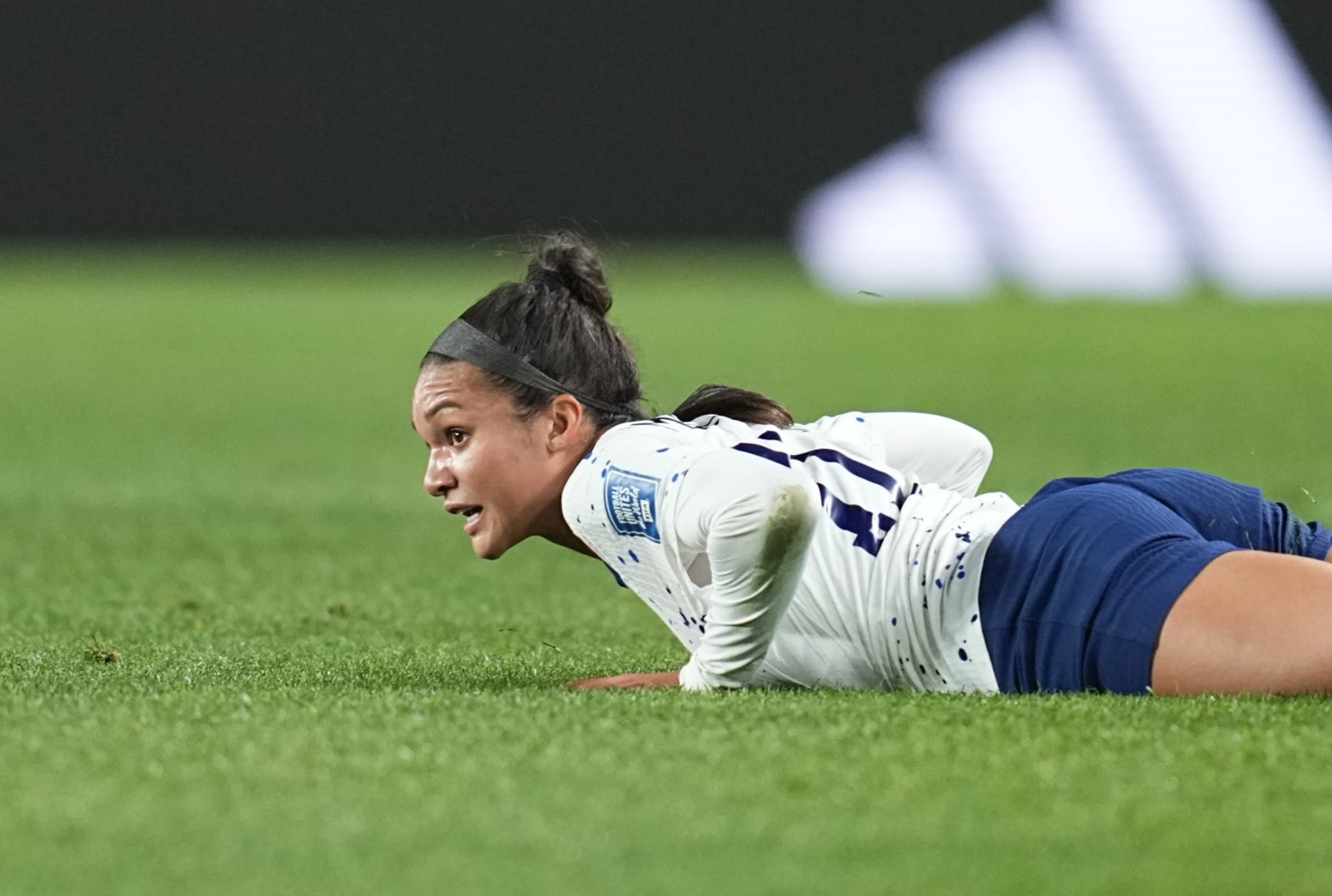 AUCKLAND, NEW ZEALAND - AUGUST 1: Sophia Smith of USA on the ground during the FIFA Women's World Cup Australia & New Zealand 2023 Group E match between Portugal and USA at Eden Park on August 1, 2023 in Auckland, New Zealand. (Photo by Ulrik Pedersen/DeFodi Images via Getty Images)
