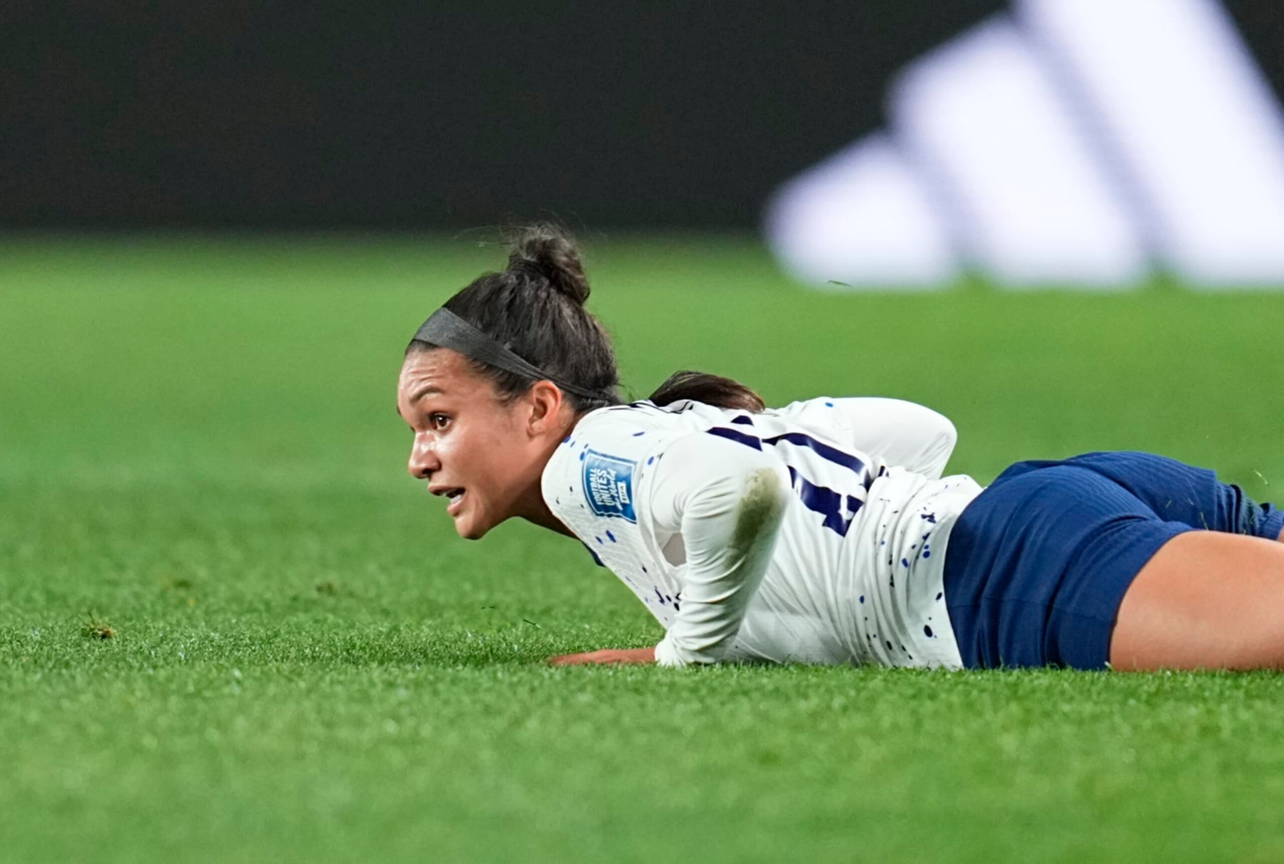 AUCKLAND, NEW ZEALAND - AUGUST 1: Sophia Smith of USA on the ground during the FIFA Women's World Cup Australia & New Zealand 2023 Group E match between Portugal and USA at Eden Park on August 1, 2023 in Auckland, New Zealand. (Photo by Ulrik Pedersen/DeFodi Images via Getty Images)