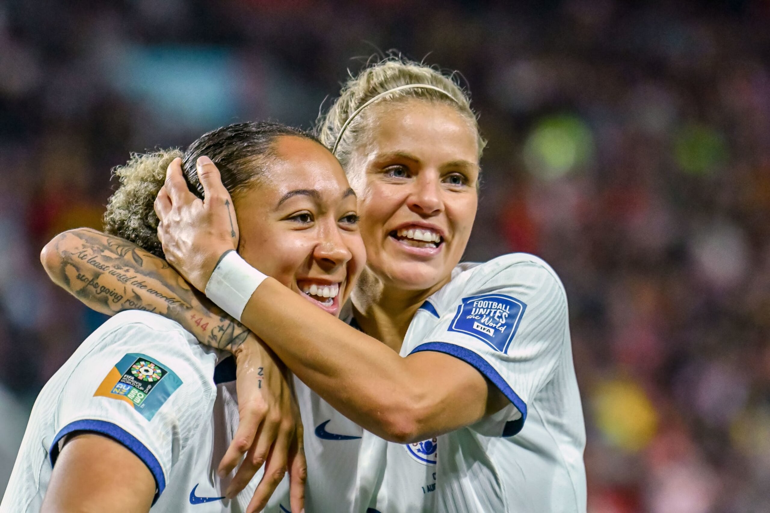 ADELAIDE, AUSTRALIA - AUGUST 1: Lauren James of England celebrates after scoring her team's fourth goal with teammates during the FIFA Women's World Cup Australia & New Zealand 2023 Group D match between China and England at Hindmarsh Stadium on August 1, 2023 in Adelaide, Australia. (Photo by Phil Radoslovich/DeFodi Images via Getty Images)