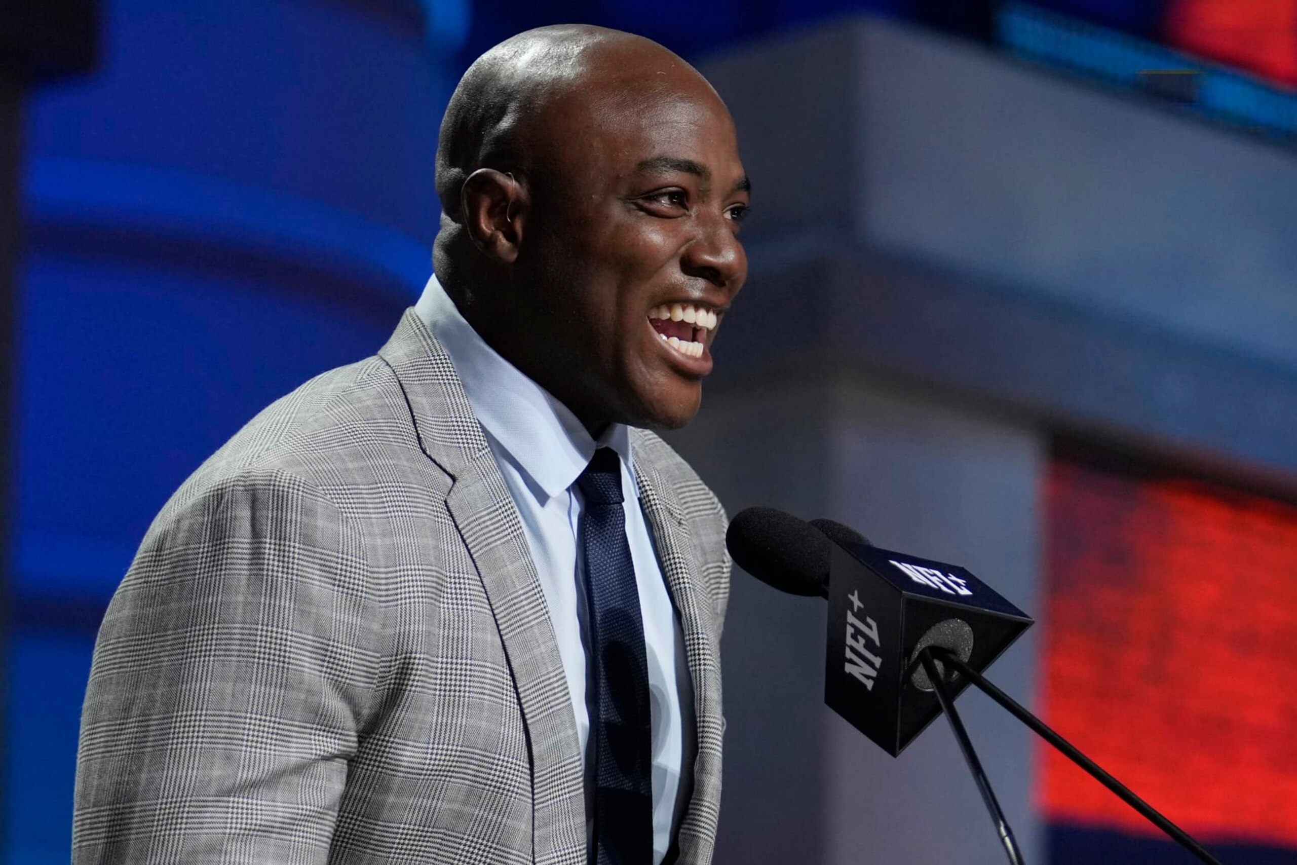 Former football player DeMarcus Ware announces a pick during the second round of the NFL football draft, Friday, April 28, 2023, in Kansas City, Mo. (AP Photo/Jeff Roberson)