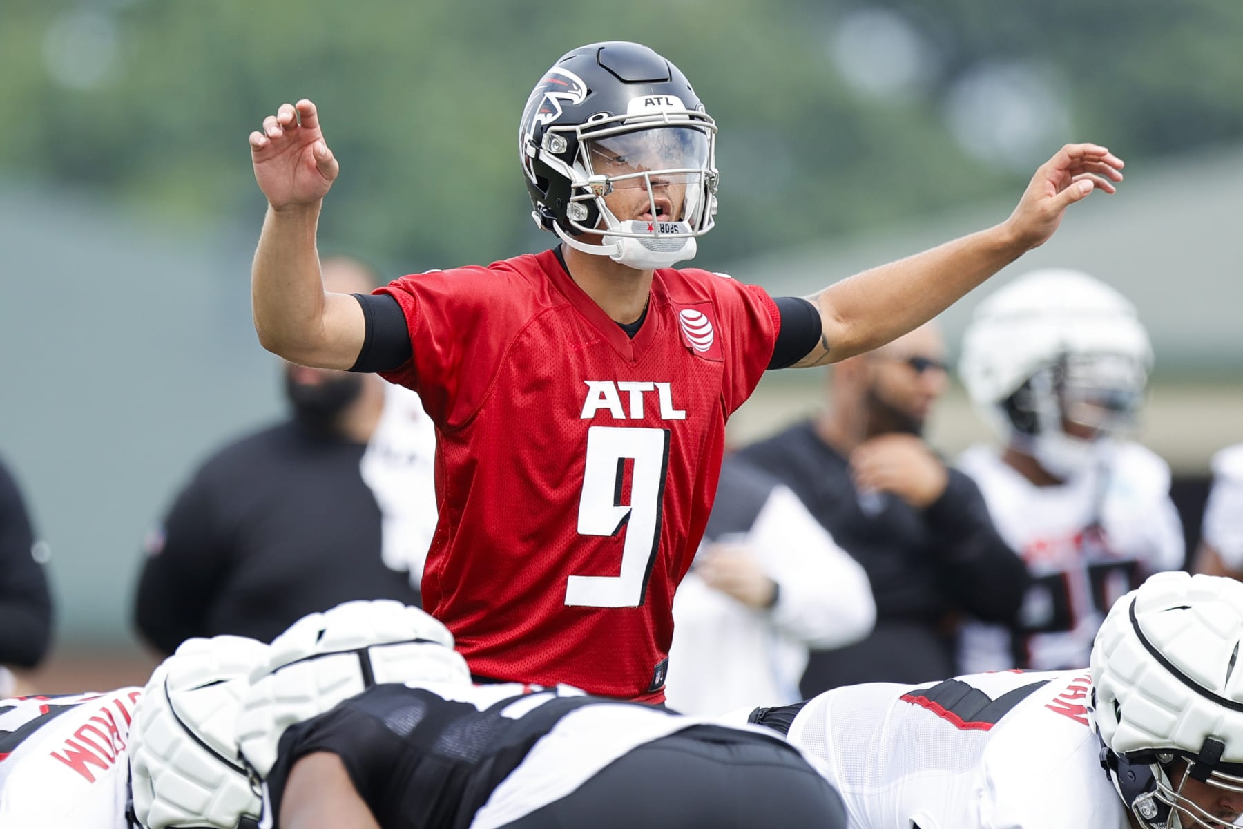 Atlanta Falcons quarterback Desmond Ridder (9) runs a drill during the NFL football team's training camp, Saturday, July 29, 2023, in Flowery Branch, Ga. (AP Photo/Alex Slitz)