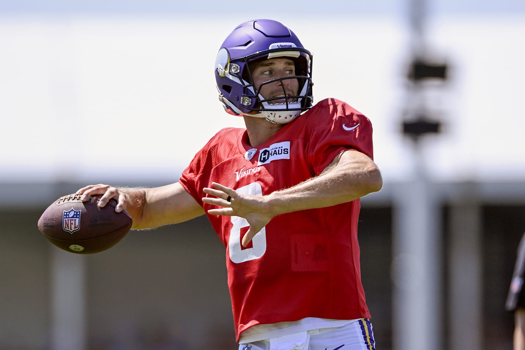 EAGAN, MN - JULY 31: Minnesota Vikings quarterback Kirk Cousins (8) makes a pass during Minnesota Vikings Training Camp at TCO Performance Center on July 31, 2023 in Eagan, Minnesota.(Photo by Nick Wosika/Icon Sportswire via Getty Images)