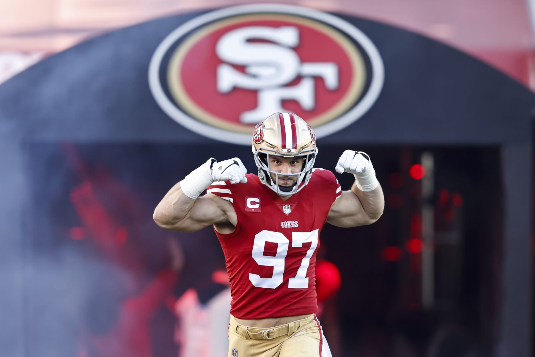 SANTA CLARA, CALIFORNIA - JANUARY 22: Nick Bosa #97 of the San Francisco 49ers reacts as he takes the field prior to an NFL divisional round playoff football game between the San Francisco 49ers and the Dallas Cowboys at Levi's Stadium on January 22, 2023 in Santa Clara, California. (Photo by Michael Owens/Getty Images)