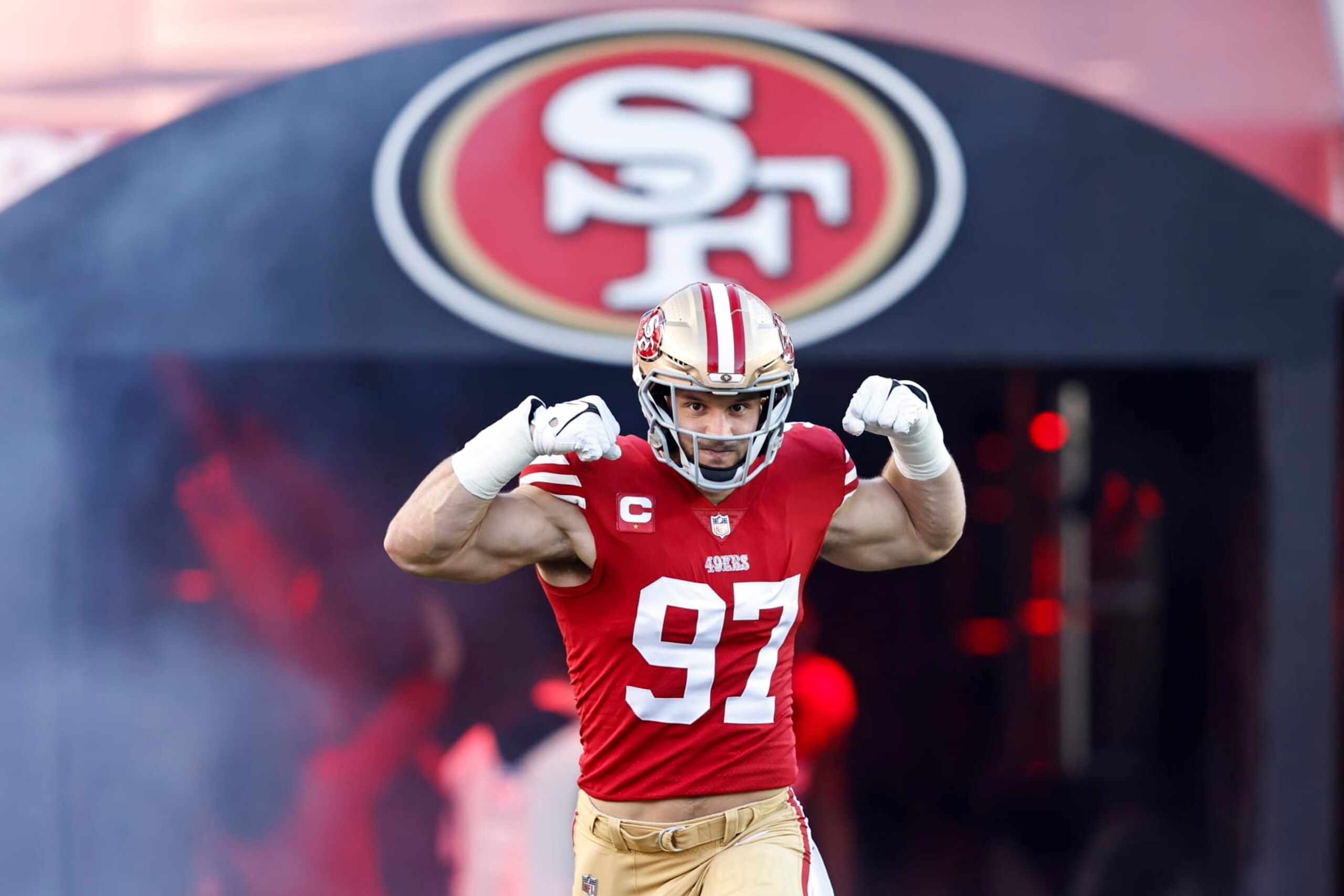 SANTA CLARA, CALIFORNIA - JANUARY 22: Nick Bosa #97 of the San Francisco 49ers reacts as he takes the field prior to an NFL divisional round playoff football game between the San Francisco 49ers and the Dallas Cowboys at Levi's Stadium on January 22, 2023 in Santa Clara, California. (Photo by Michael Owens/Getty Images) SANTA CLARA, CALIFORNIA - JANUARY 22: Nick Bosa #97 of the San Francisco 49ers reacts as he takes the field prior to an NFL divisional round playoff football game between the San Francisco 49ers and the Dallas Cowboys at Levi's Stadium on January 22, 2023 in Santa Clara, California. (Photo by Michael Owens/Getty Images)