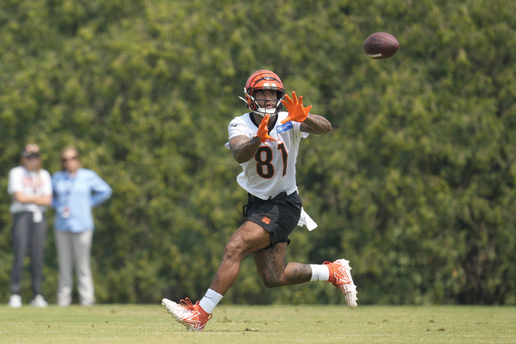 Cincinnati Bengals tight end Irv Smith Jr. (81) makes a catch during practice at the team's NFL football training facility, Tuesday, June 6, 2023, in Cincinnati. (AP Photo/Jeff Dean)