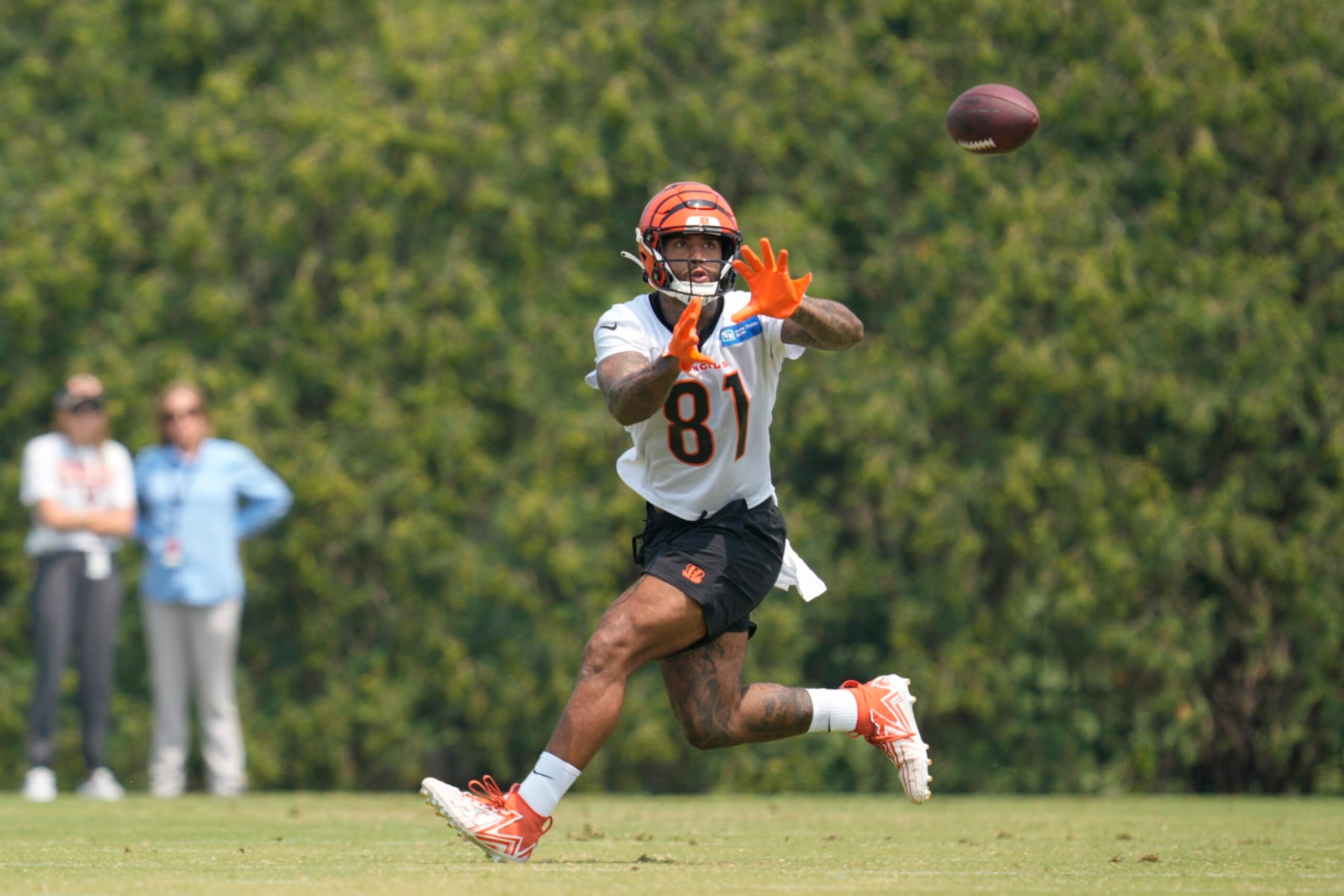 Cincinnati Bengals tight end Irv Smith Jr. (81) makes a catch during practice at the team's NFL football training facility, Tuesday, June 6, 2023, in Cincinnati. (AP Photo/Jeff Dean) Cincinnati Bengals tight end Irv Smith Jr. (81) makes a catch during practice at the team's NFL football training facility, Tuesday, June 6, 2023, in Cincinnati. (AP Photo/Jeff Dean)