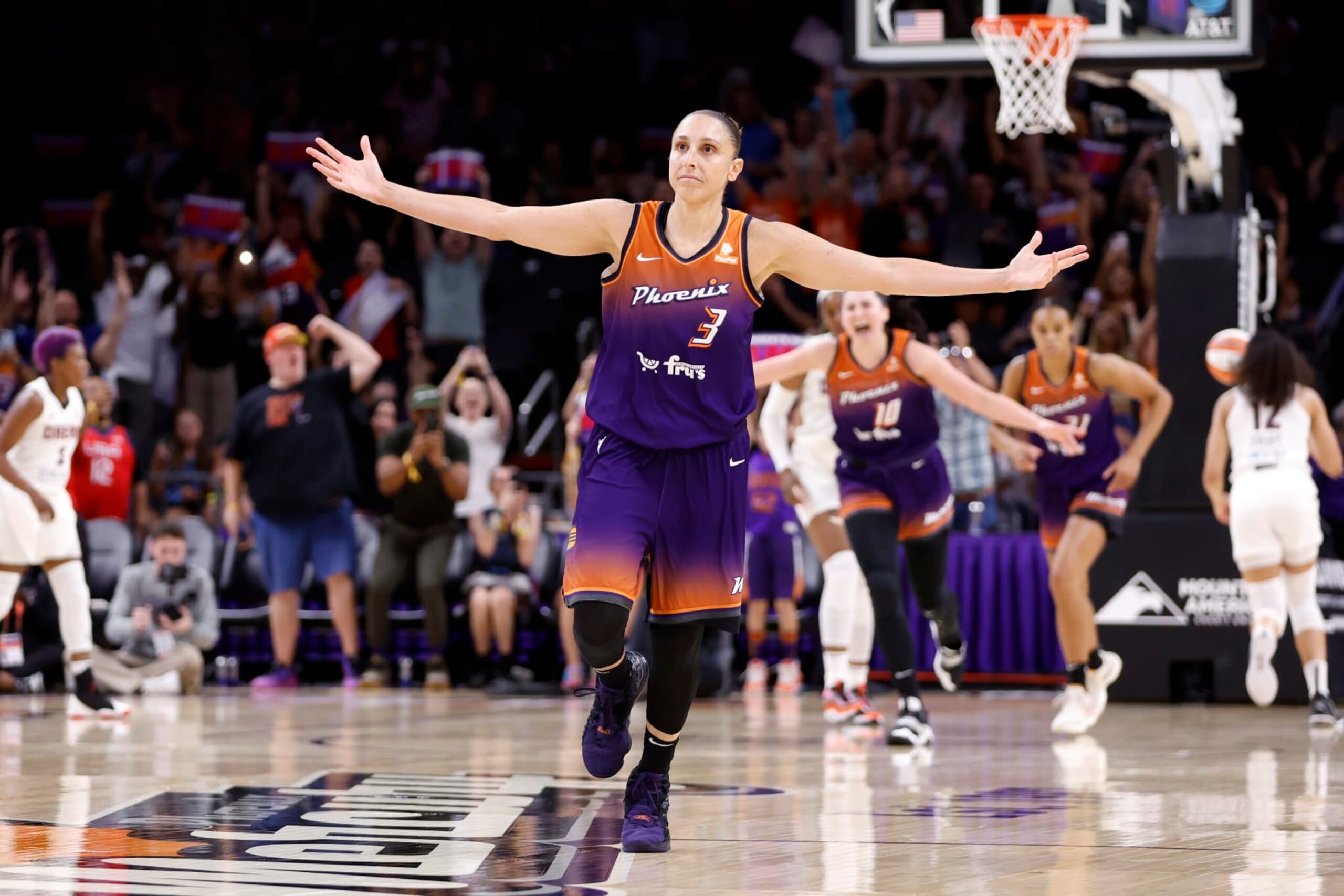 PHOENIX, ARIZONA - AUGUST 03: Guard Diana Taurasi #3 of the Phoenix Mercury reacts after scoring her 10,000th career point during the second half against the Atlanta Dream at Footprint Center on August 03, 2023 in Phoenix, Arizona. NOTE TO USER: User expressly acknowledges and agrees that, by downloading and or using this photograph, User is consenting to the terms and conditions of the Getty Images License Agreement.  (Photo by Chris Coduto/Getty Images)