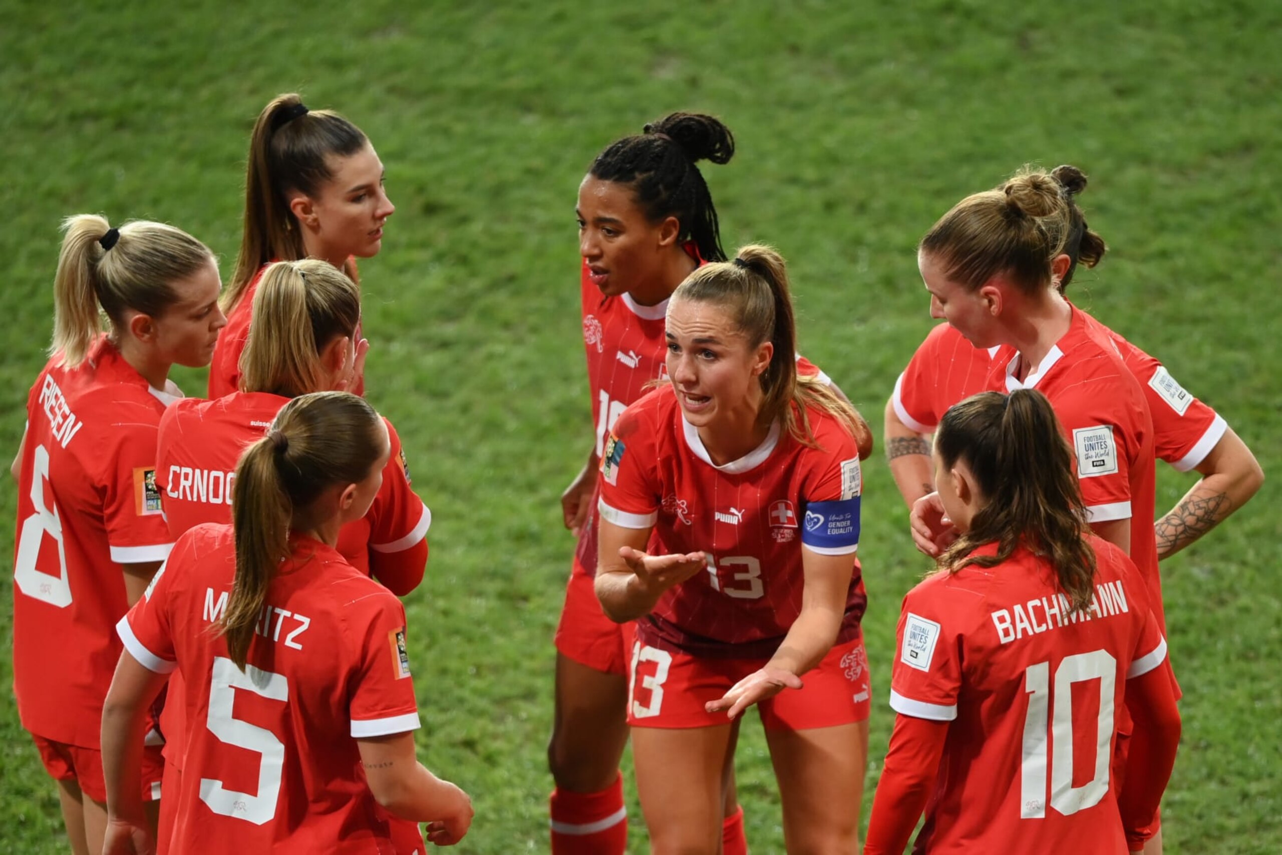 DUNEDIN, NEW ZEALAND - JULY 30: Lia Walti of Switzerland speaks with her teammates during the FIFA Women's World Cup Australia & New Zealand 2023 Group A match between Switzerland and New Zealand at Dunedin Stadium on July 30, 2023 in Dunedin / Åtepoti, New Zealand. (Photo by Harriet Lander - FIFA/FIFA via Getty Images)