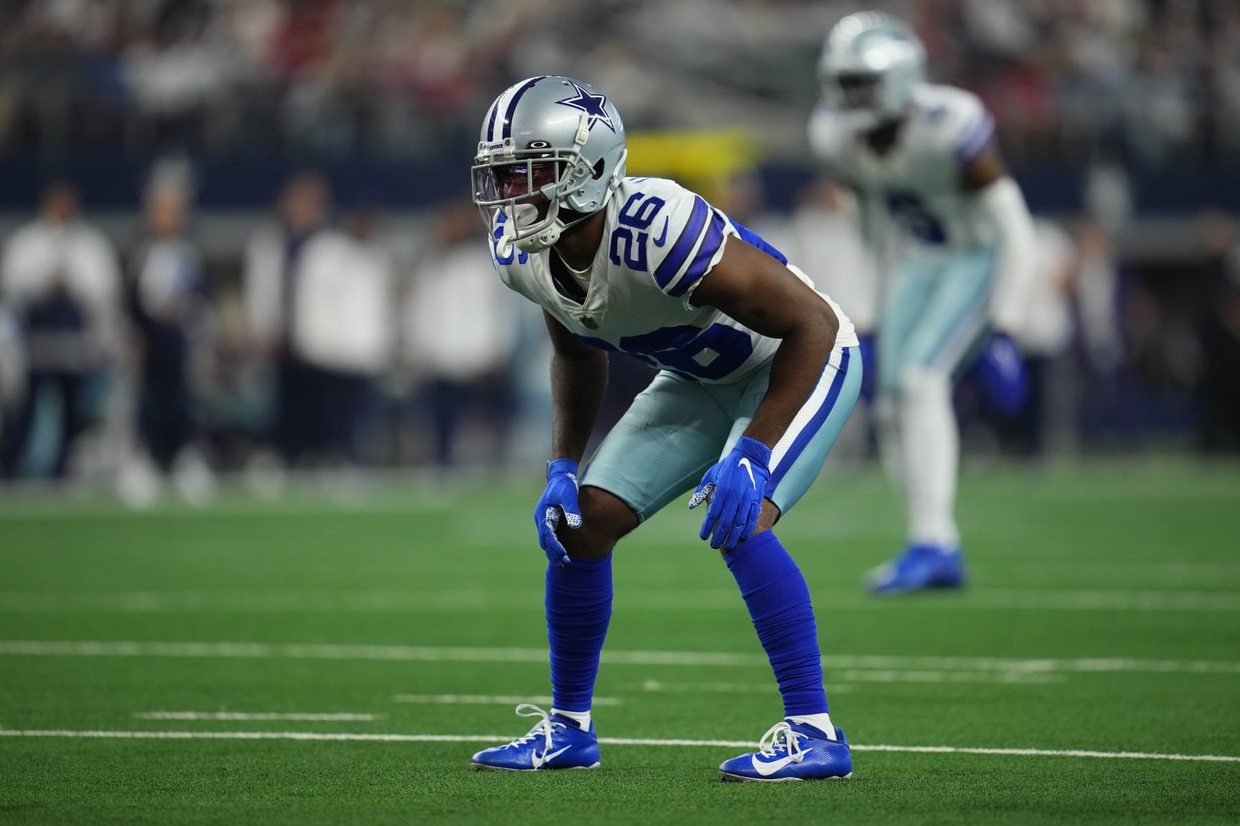 ARLINGTON, TEXAS - JANUARY 16: Jourdan Lewis #26 of the Dallas Cowboys gets set against the San Francisco 49ers during an NFL wild-card playoff football game at AT&T Stadium on January 16, 2022 in Arlington, Texas.  (Photo by Cooper Neill/Getty Images)