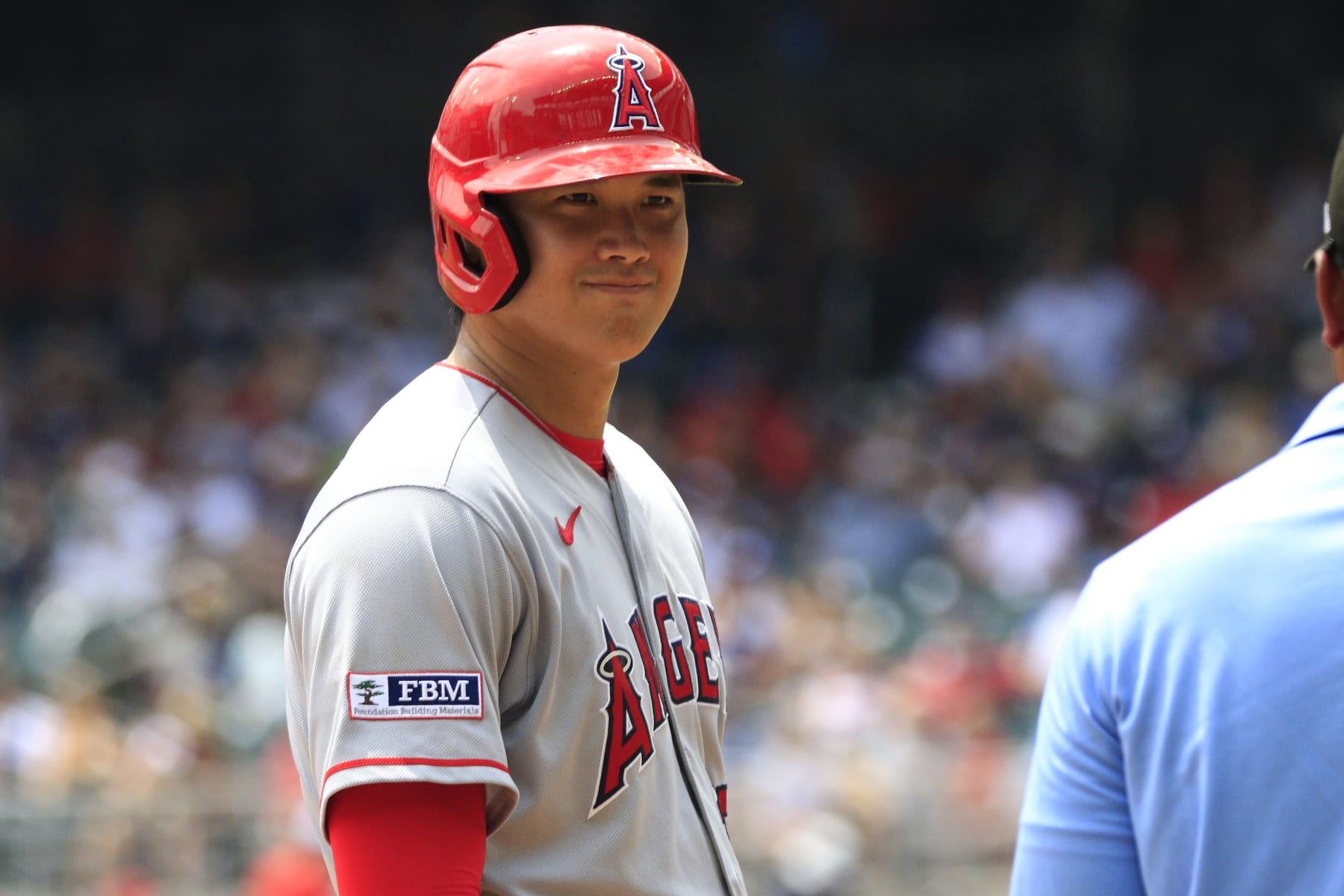 ATLANTA, GA - AUGUST 02: Los Angeles Angels designated hitter Shohei Ohtani #17 is all smiles after reaching 3rd base during the MLB game between the Los Angeles Angels and the Atlanta Braves on August 2, 2023 at TRUIST Park in Atlanta, GA. (Photo by Jeff Robinson/Icon Sportswire via Getty Images)