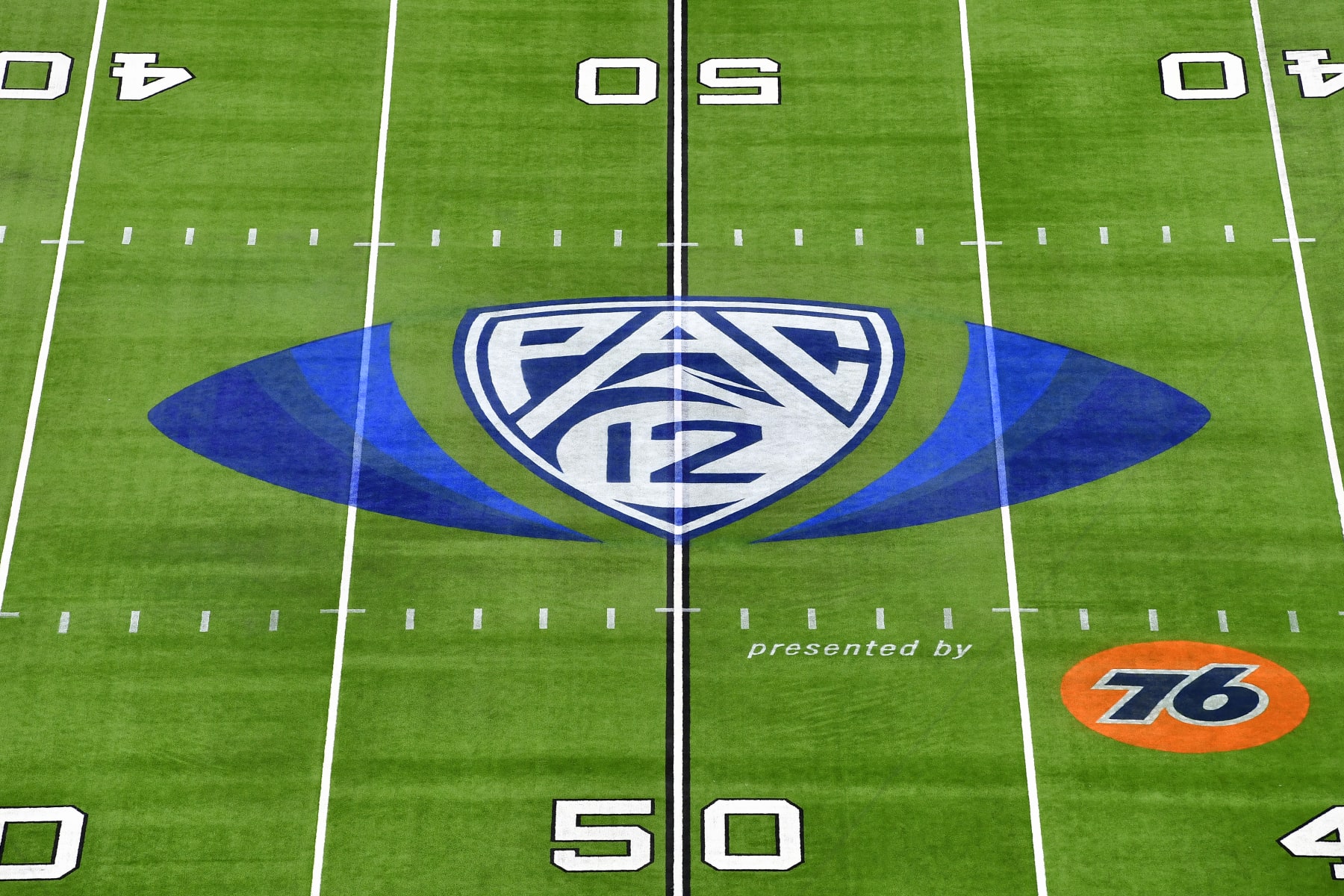 LAS VEGAS, NEVADA - DECEMBER 03: A general view of the PAC-12 logo at midfield before the PAC-12 Football Championship football game between the Oregon Ducks and the Utah Utes at Allegiant Stadium on December 03, 2021 in Las Vegas, Nevada. (Photo by Alika Jenner/Getty Images)