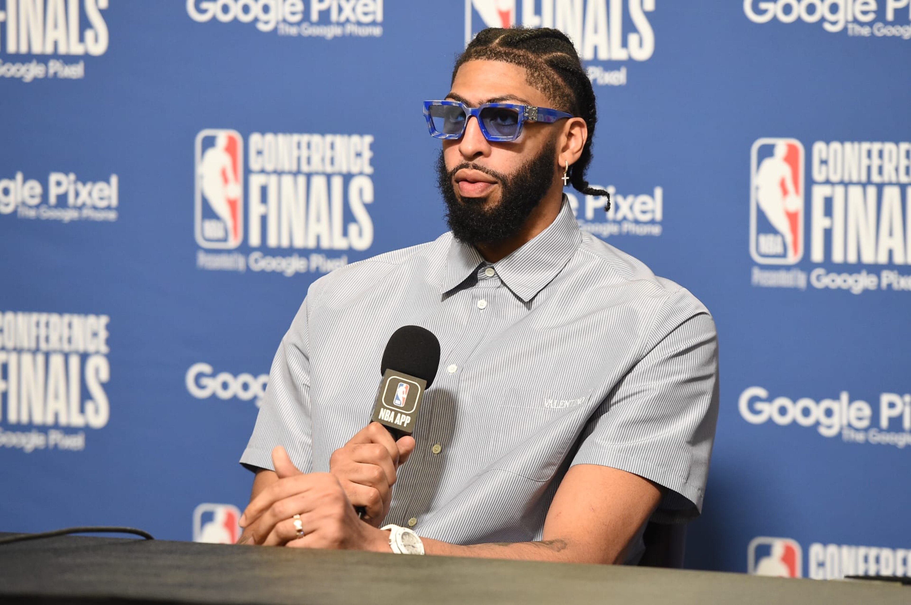 LOS ANGELES, CA - MAY 22: Anthony Davis #3 of the Los Angeles Lakers speaks to the media after Round 3 Game 4 of the Western Conference Finals 2023 NBA Playoffs against the Denver Nuggets on May 22, 2023 at Crypto.Com Arena in Los Angeles, California. NOTE TO USER: User expressly acknowledges and agrees that, by downloading and/or using this Photograph, user is consenting to the terms and conditions of the Getty Images License Agreement. Mandatory Copyright Notice: Copyright 2023 NBAE (Photo by Andrew D. Bernstein/NBAE via Getty Images)