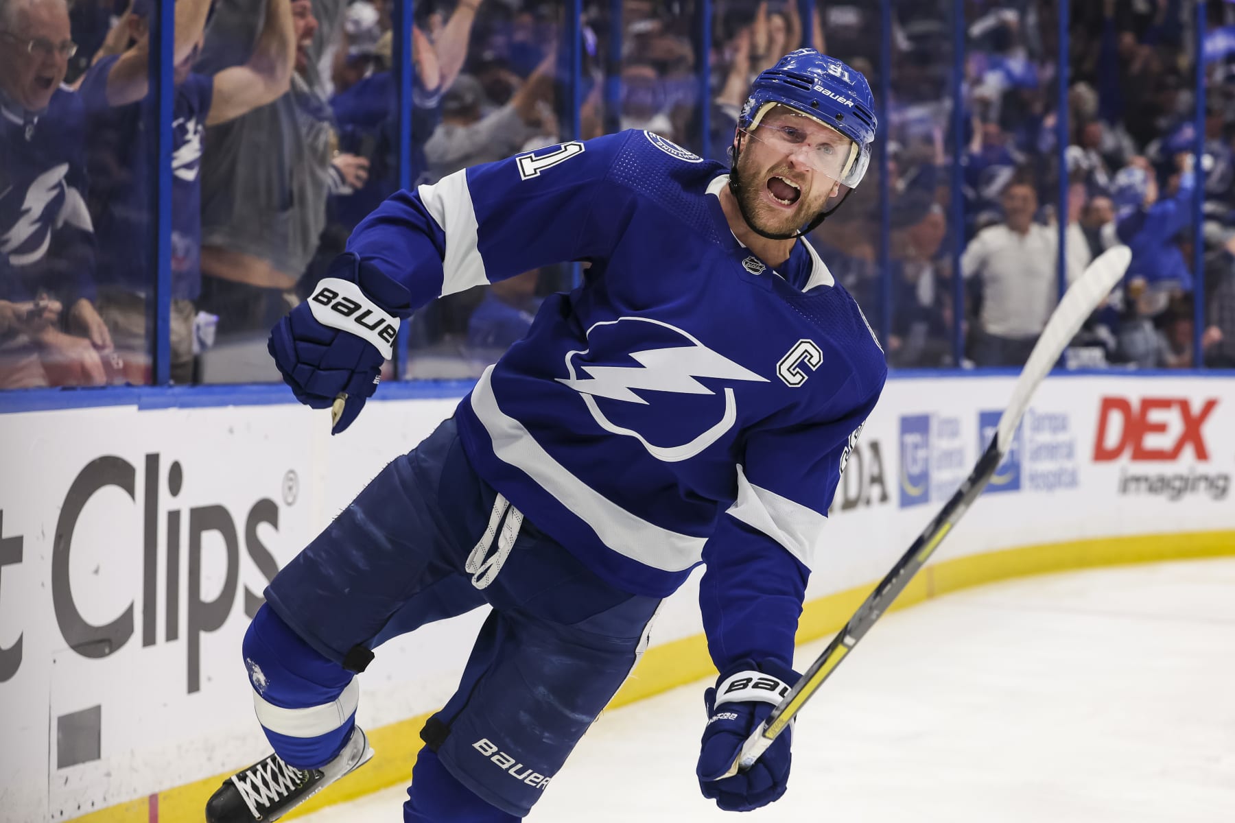 TAMPA, FL - APRIL 29: Steven Stamkos #91 of the Tampa Bay Lightning celebrates a goal against the Toronto Maple Leafs during the third period in Game Six of the First Round of the 2023 Stanley Cup Playoffs at Amalie Arena on April 29, 2023 in Tampa, Florida. (Photo by Mark LoMoglio/NHLI via Getty Images)
