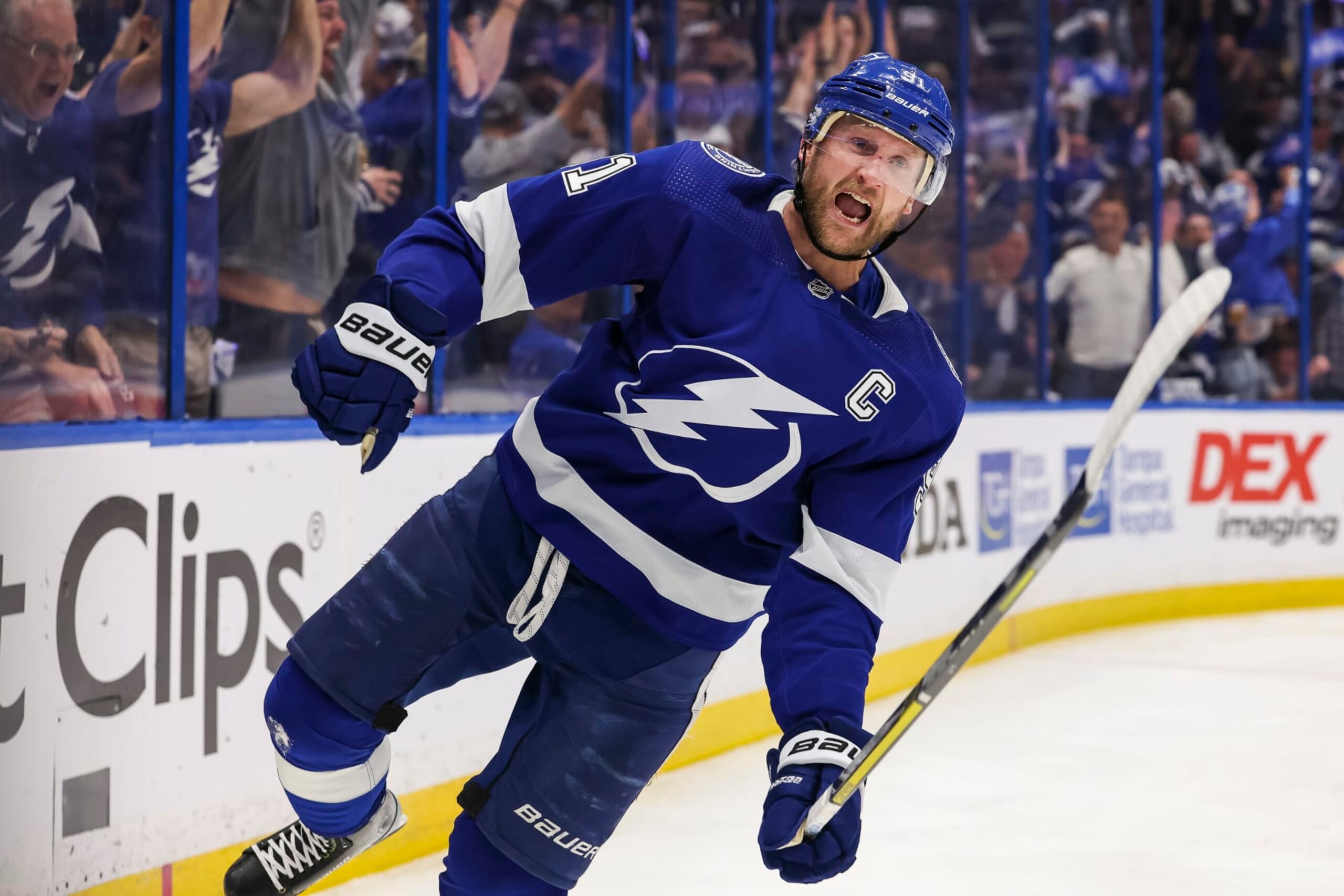 TAMPA, FL - APRIL 29: Steven Stamkos #91 of the Tampa Bay Lightning celebrates a goal against the Toronto Maple Leafs during the third period in Game Six of the First Round of the 2023 Stanley Cup Playoffs at Amalie Arena on April 29, 2023 in Tampa, Florida. (Photo by Mark LoMoglio/NHLI via Getty Images)