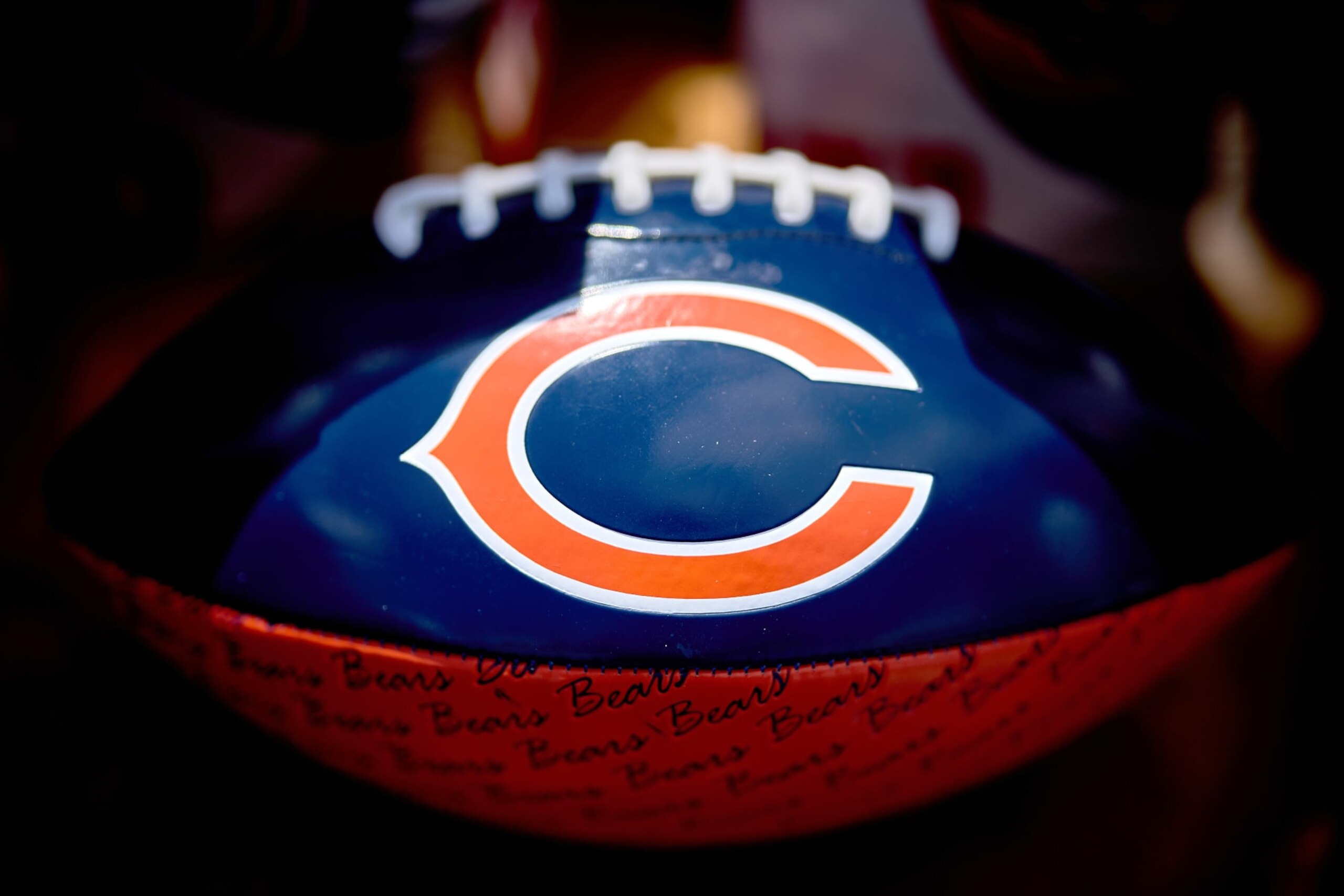 LAKE FOREST, IL - JULY 30: A detail view of the Chicago Bears logo is seen on a football during the the Chicago Bears Training Camp on July 30, 2022 at Halas Hall in Lake Forest, IL. (Photo by Robin Alam/Icon Sportswire via Getty Images)
