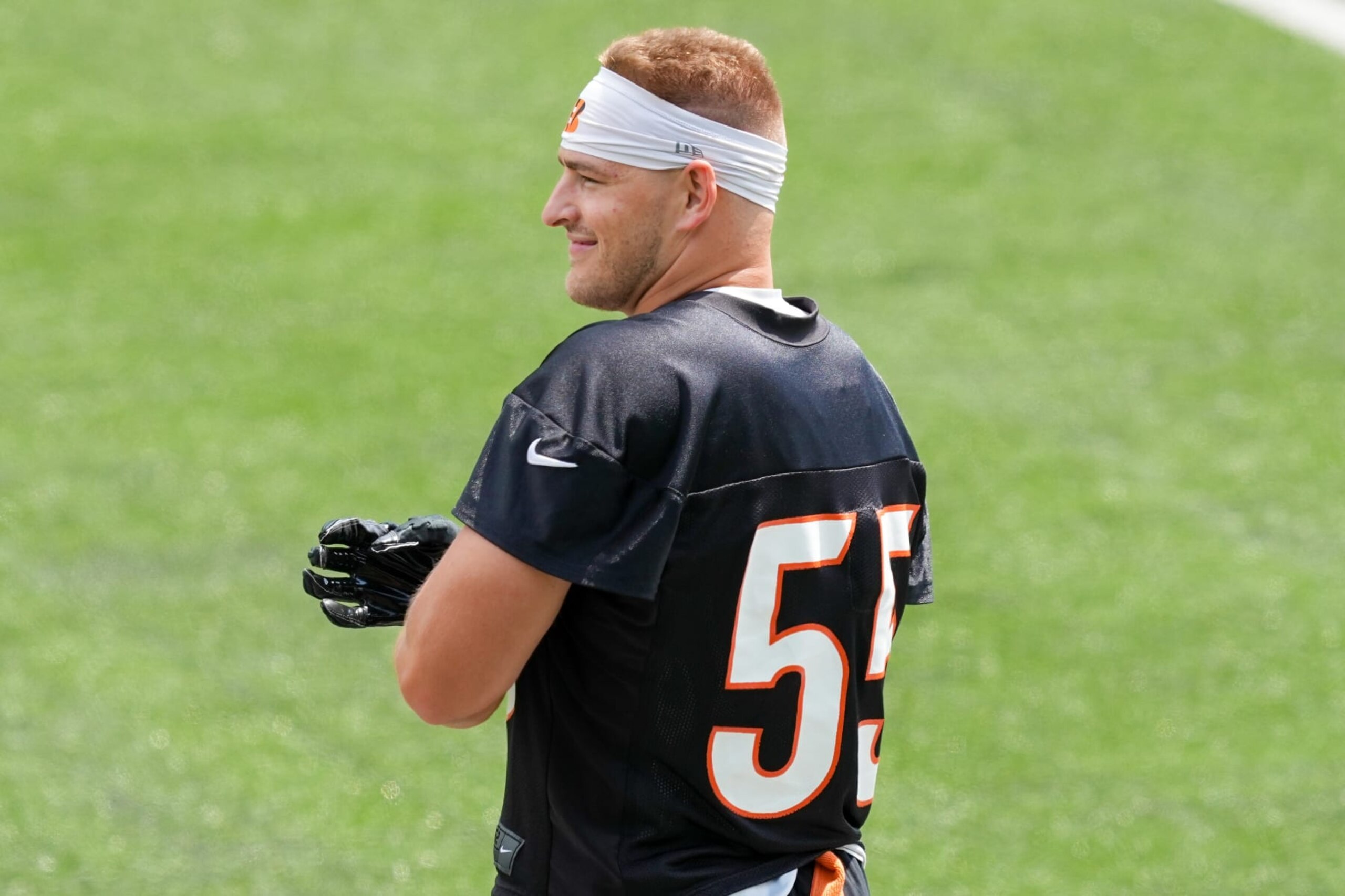 CINCINNATI, OHIO - JUNE 13: Logan Wilson #55 of the Cincinnati Bengals looks on during an offseason workout on June 13, 2023 in Cincinnati, Ohio. (Photo by Dylan Buell/Getty Images)