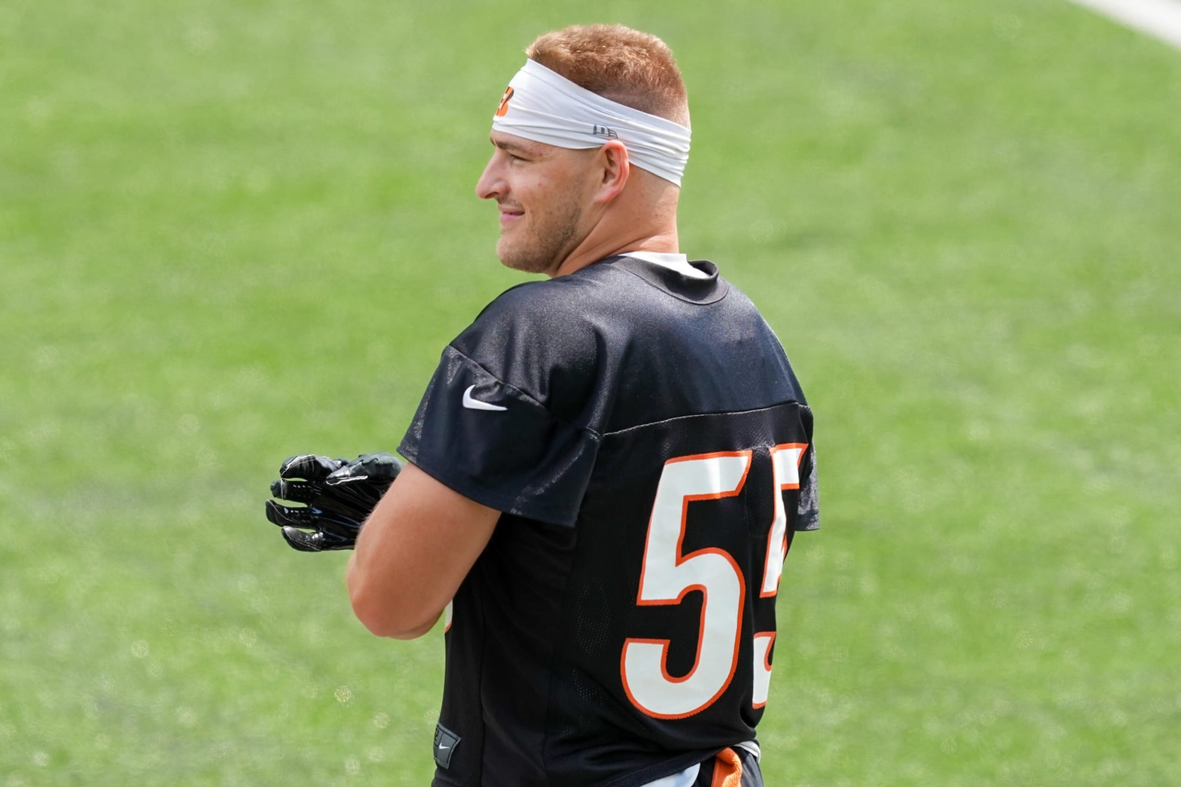 CINCINNATI, OHIO - JUNE 13: Logan Wilson #55 of the Cincinnati Bengals looks on during an offseason workout on June 13, 2023 in Cincinnati, Ohio. (Photo by Dylan Buell/Getty Images)