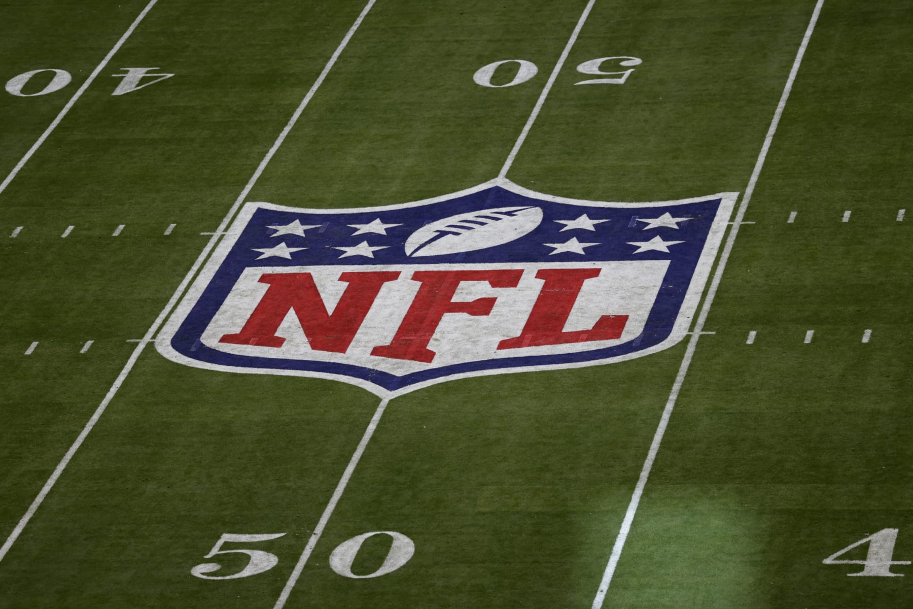 The NFL logo is seen before the NFL Super Bowl 57 football game Sunday, Feb. 12, 2023, in Glendale, Ariz. (AP Photo/Adam Hunger)