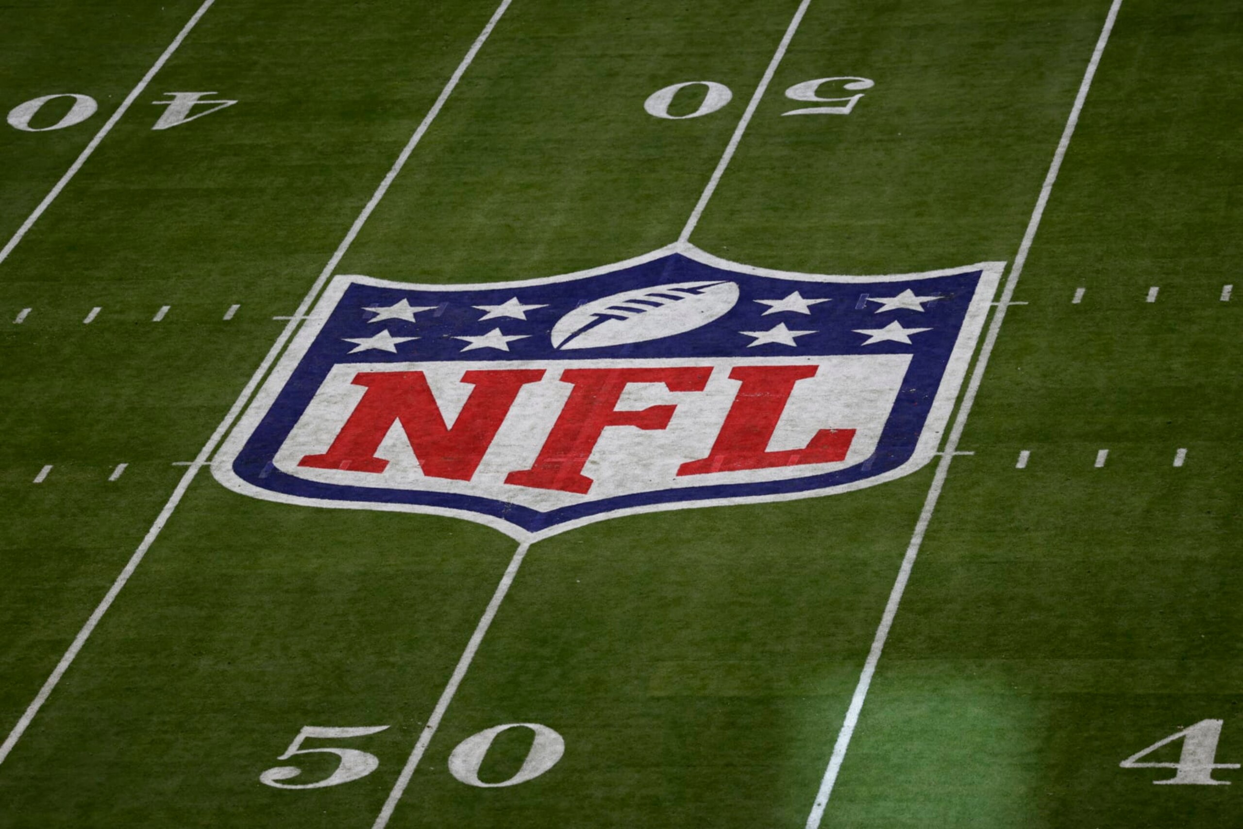 The NFL logo is seen before the NFL Super Bowl 57 football game Sunday, Feb. 12, 2023, in Glendale, Ariz. (AP Photo/Adam Hunger)