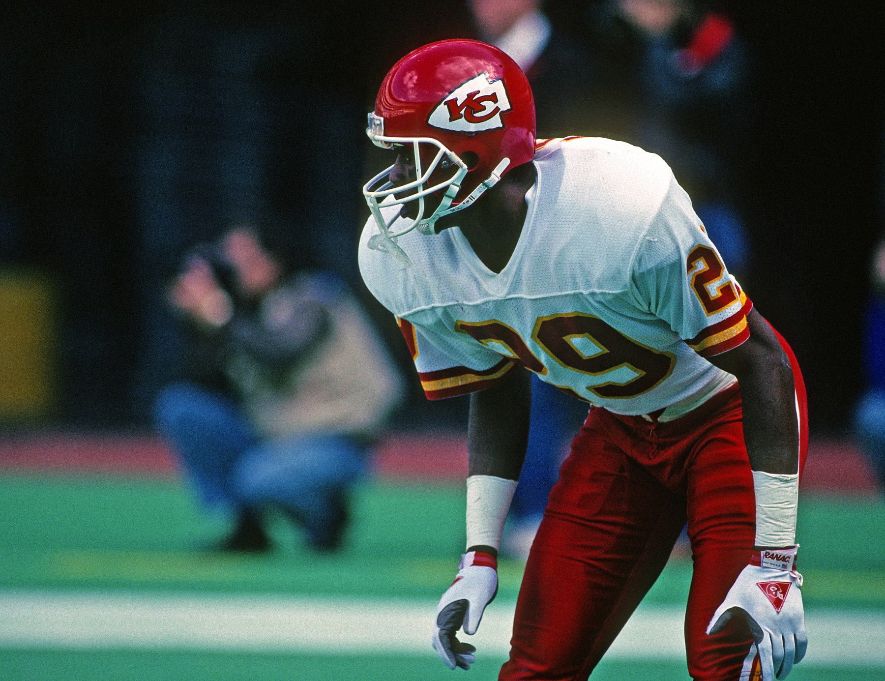 PITTSBURGH, PA - NOVEMBER 27:  Cornerback Albert Lewis #29 of the Kansas City Chiefs looks on from the field during a game against the Pittsburgh Steelers at Three Rivers Stadium on November 27, 1988 in Pittsburgh, Pennsylvania.  The Steelers defeated the Chiefs 16-10.  (Photo by George Gojkovich/Getty Images)