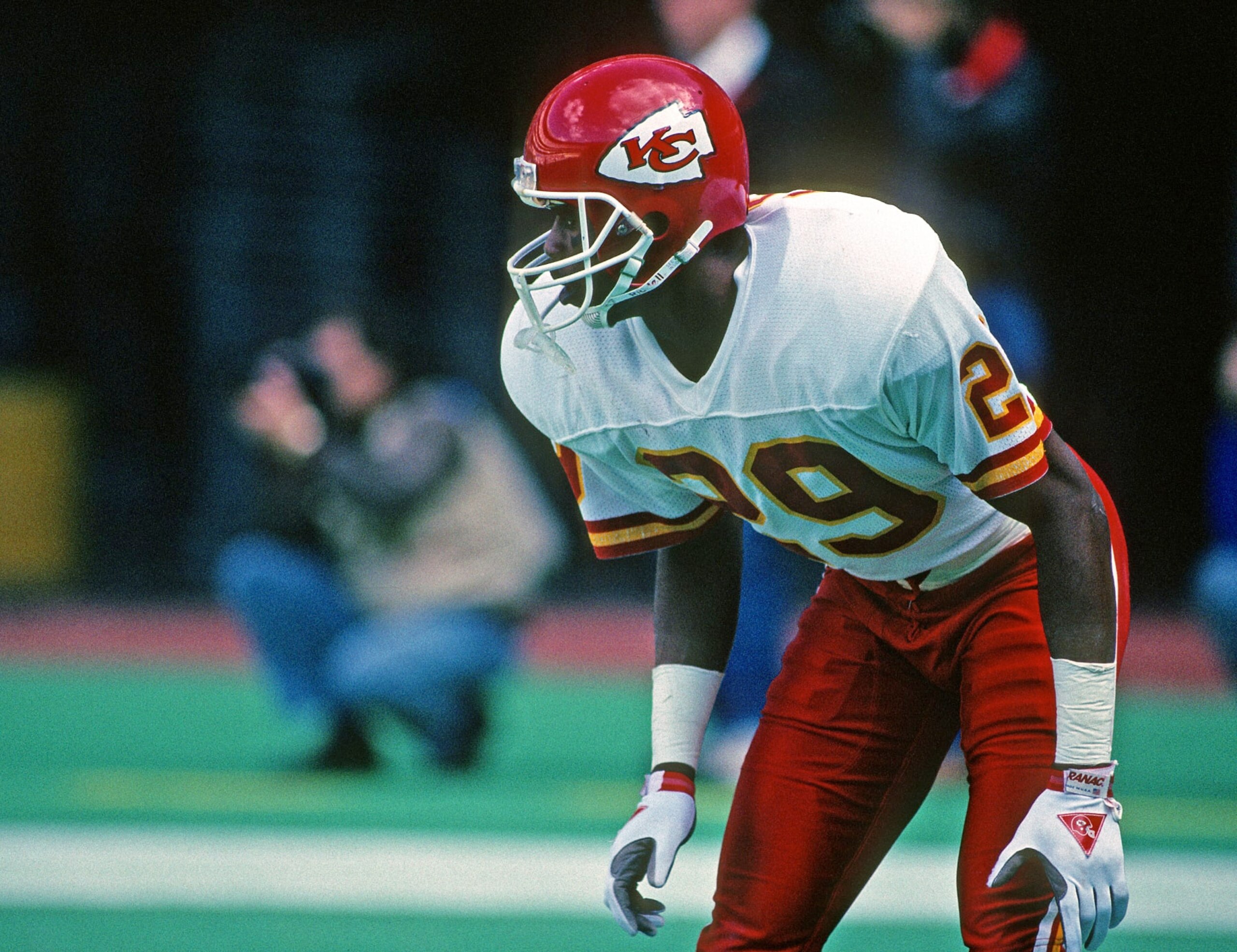 PITTSBURGH, PA - NOVEMBER 27:  Cornerback Albert Lewis #29 of the Kansas City Chiefs looks on from the field during a game against the Pittsburgh Steelers at Three Rivers Stadium on November 27, 1988 in Pittsburgh, Pennsylvania.  The Steelers defeated the Chiefs 16-10.  (Photo by George Gojkovich/Getty Images)