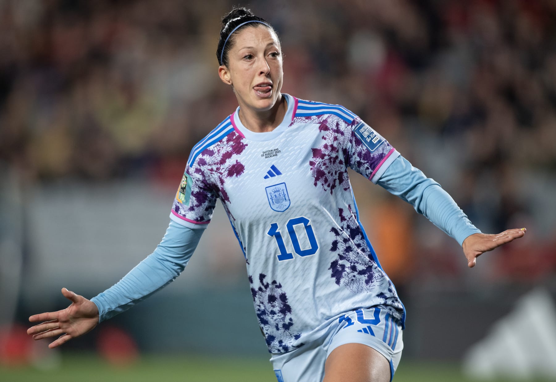 AUCKLAND, NEW ZEALAND - AUGUST 5: Jennifer Hermoso of Spain celebrates scoing her goal during the FIFA Women's World Cup Australia & New Zealand 2023 Round of 16 match between Switzerland and Spain at Eden Park on August 5, 2023 in Auckland, New Zealand. (Photo by Joe Prior/Visionhaus via Getty Images)