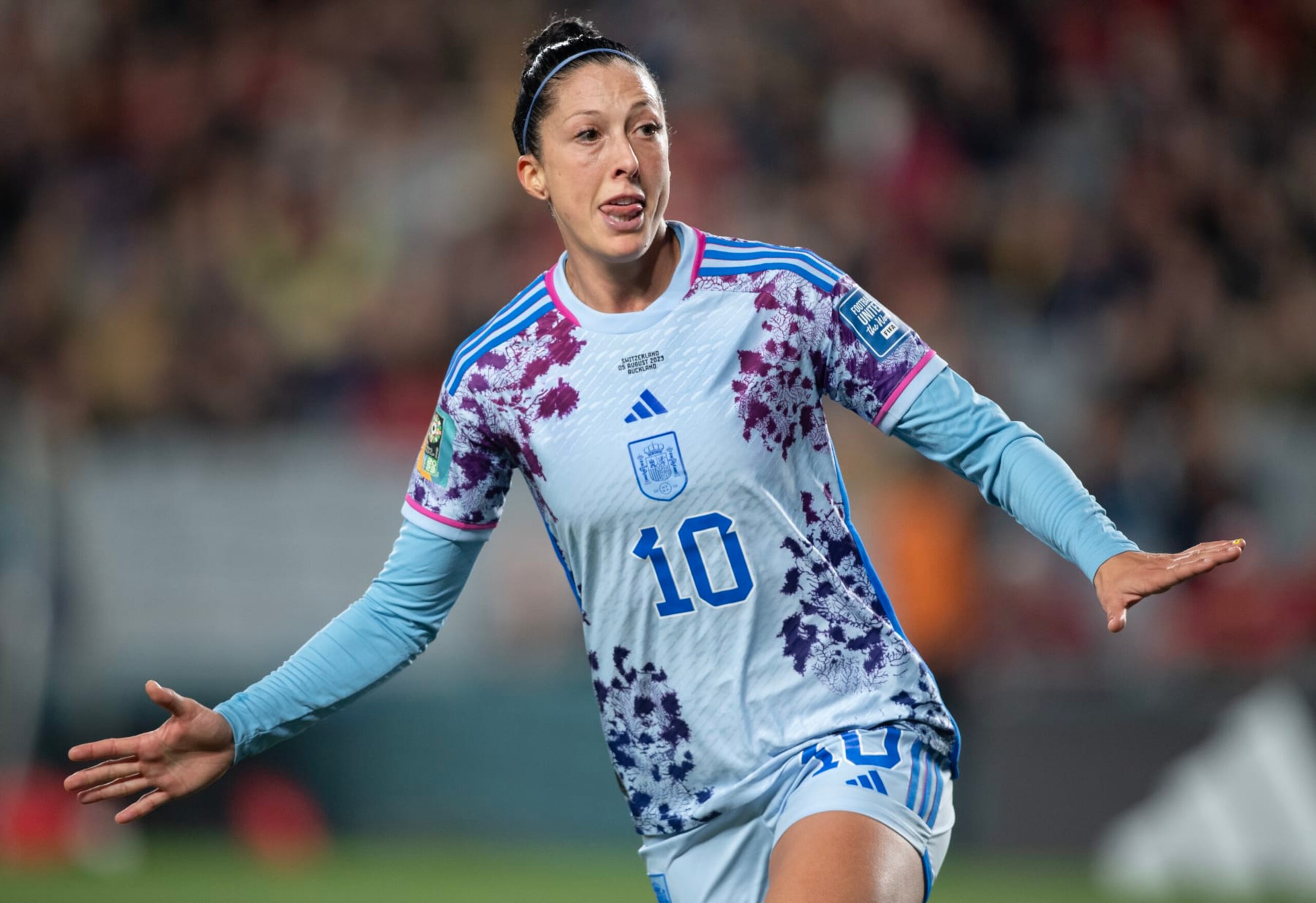 AUCKLAND, NEW ZEALAND - AUGUST 5: Jennifer Hermoso of Spain celebrates scoing her goal during the FIFA Women's World Cup Australia & New Zealand 2023 Round of 16 match between Switzerland and Spain at Eden Park on August 5, 2023 in Auckland, New Zealand. (Photo by Joe Prior/Visionhaus via Getty Images)