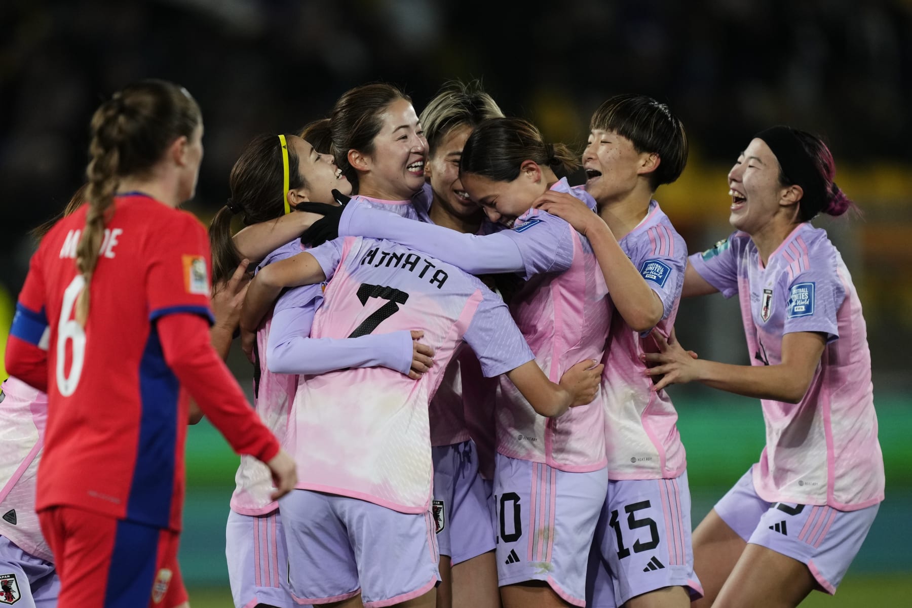 WELLINGTON, NEW ZEALAND - AUGUST 5: Risa Shimizu (2L) of Japan celebrates after scoring a goal during the FIFA Women's World Cup Australia & New Zealand 2023 Round of 16 match between Japan and Norway at Wellington Regional Stadium on August 5, 2023 in Wellington, New Zealand. (Photo by Jose Hernandez/Anadolu Agency via Getty Images)