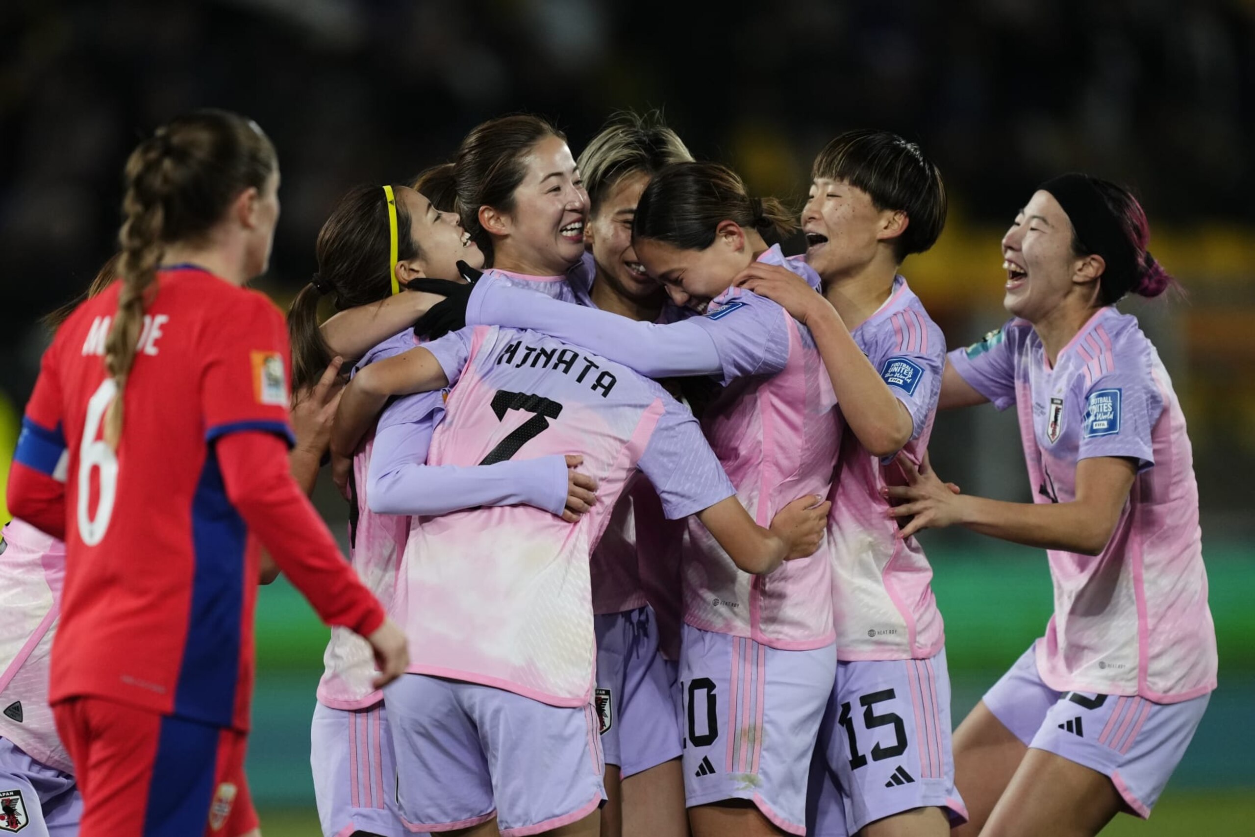 WELLINGTON, NEW ZEALAND - AUGUST 5: Risa Shimizu (2L) of Japan celebrates after scoring a goal during the FIFA Women's World Cup Australia & New Zealand 2023 Round of 16 match between Japan and Norway at Wellington Regional Stadium on August 5, 2023 in Wellington, New Zealand. (Photo by Jose Hernandez/Anadolu Agency via Getty Images)