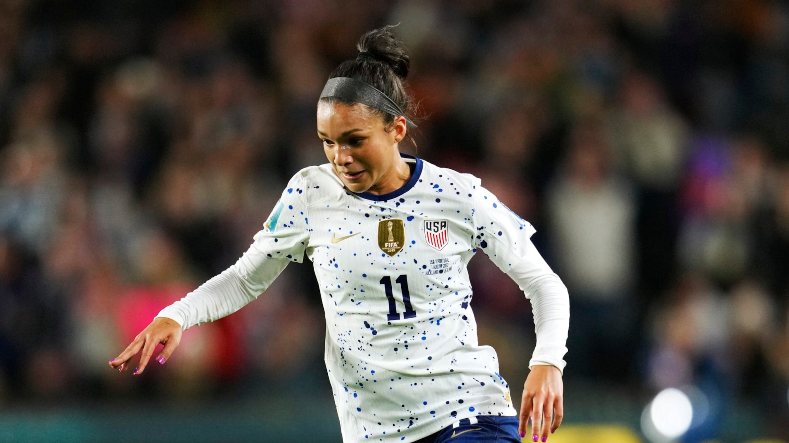 United States' Sophia Smith controls the ball during the Women's World Cup Group E soccer match between Portugal and the United States at Eden Park in Auckland, New Zealand, Tuesday, Aug. 1, 2023. (AP Photo/Abbie Parr)