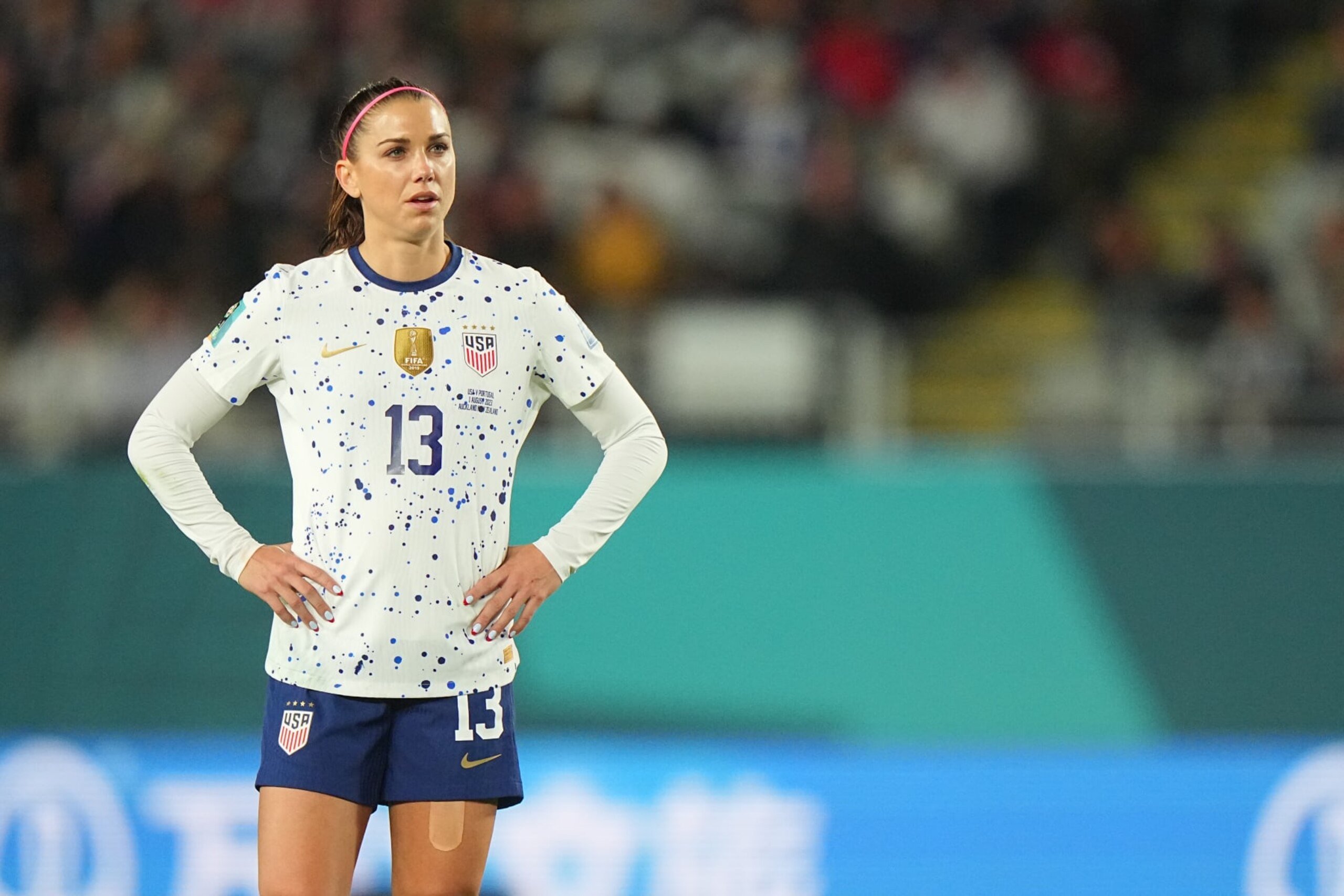 Soccer: FIFA World Cup: USA Alex Morgan (13) in action, looks on vs Portugal during a Group E match at Eden Park. 
Auckland, NZ 8/1/2023 
CREDIT: Erick W. Rasco (Photo by Erick W. Rasco/Sports Illustrated via Getty Images) 
(Set Number: X164390 TK1)