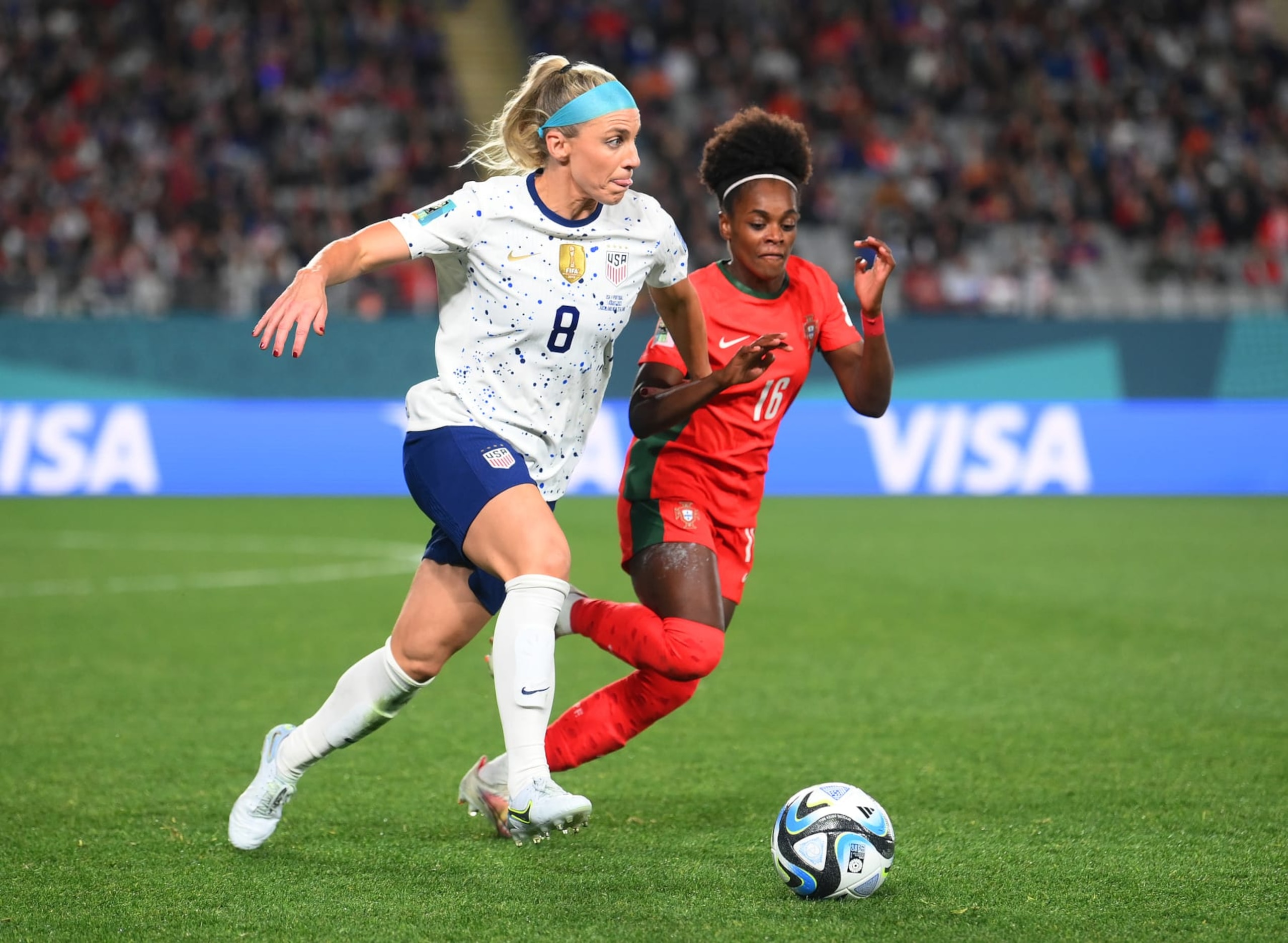 AUCKLAND, NEW ZEALAND - AUGUST 01: Julie Ertz of USA  controls the ball against Diana Silva of Portugal during the FIFA Women's World Cup Australia & New Zealand 2023 Group E match between Portugal and USA at Eden Park on August 01, 2023 in Auckland / TÄmaki Makaurau, New Zealand. (Photo by Hannah Peters - FIFA/FIFA via Getty Images)