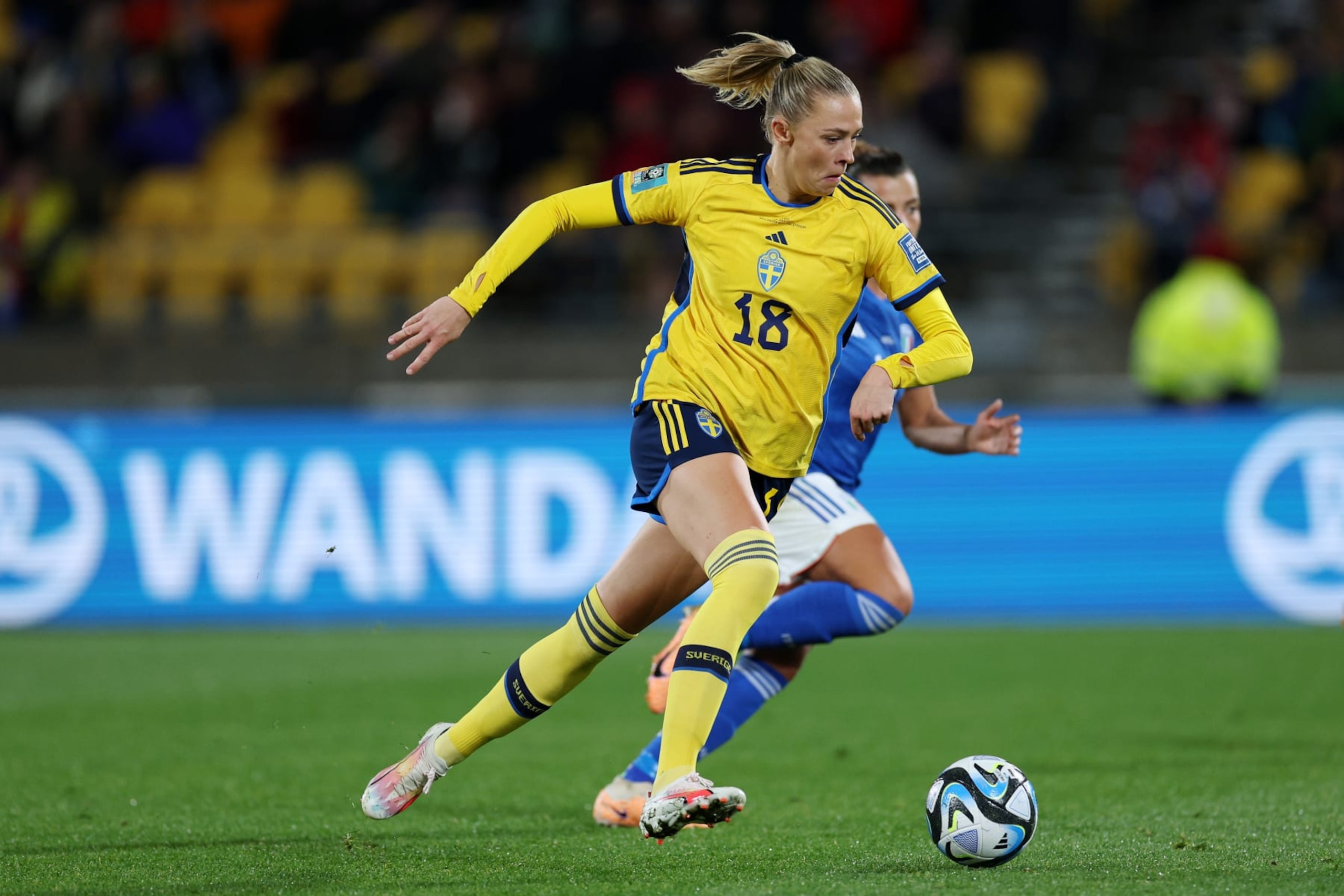 WELLINGTON, NEW ZEALAND - JULY 29: Fridolina Rolfo of Sweden controls the ball during the FIFA Women's World Cup Australia & New Zealand 2023 Group G match between Sweden and Italy at Wellington Regional Stadium on July 29, 2023 in Wellington / Te Whanganui-a-Tara, New Zealand. (Photo by Hagen Hopkins - FIFA/FIFA via Getty Images)