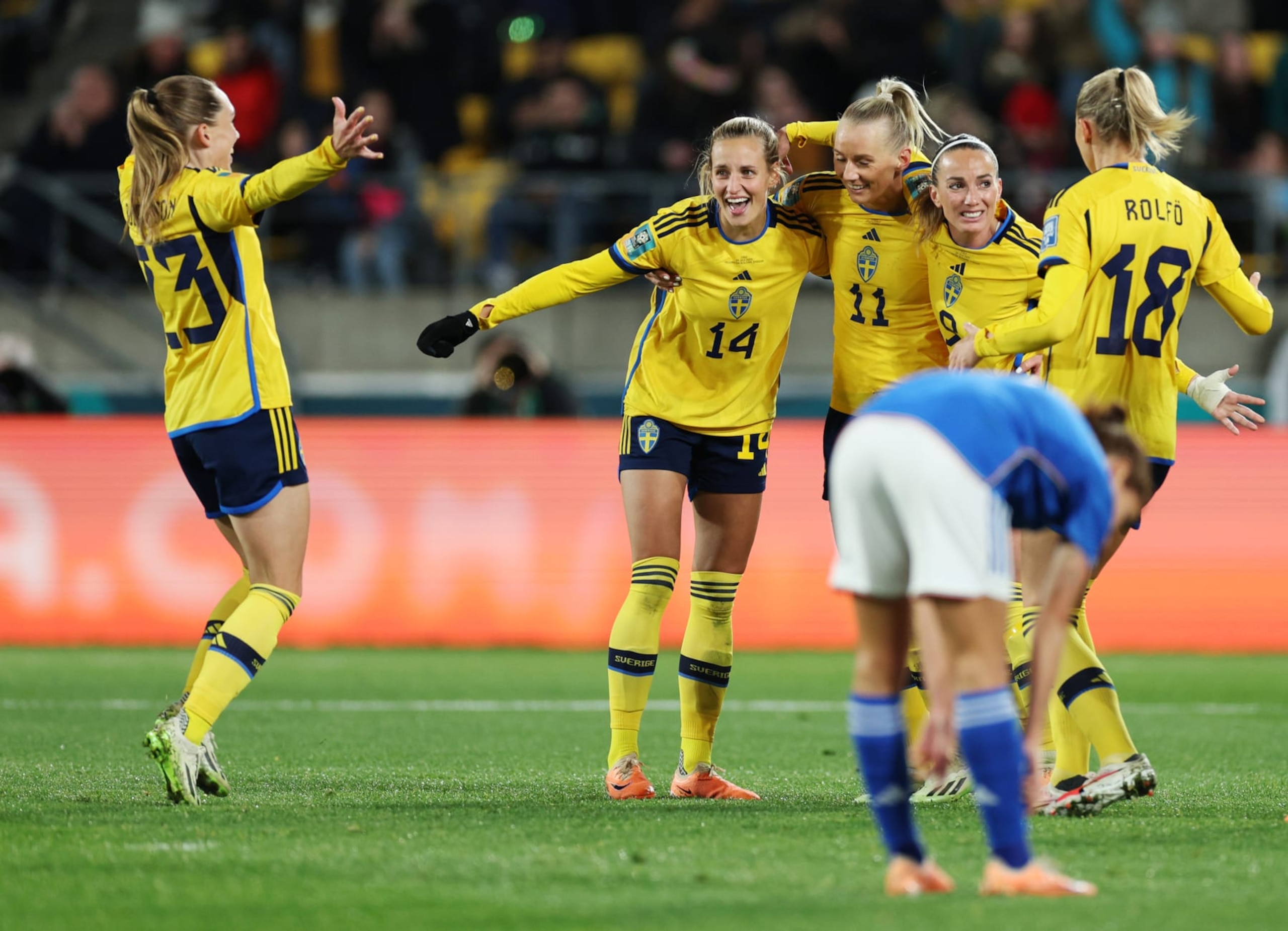 WELLINGTON, NEW ZEALAND - JULY 29: Stina Blackstenius (3rd L) of Sweden celebrates with teammates after scoring her team's third goal  during the FIFA Women's World Cup Australia & New Zealand 2023 Group G match between Sweden and Italy at Wellington Regional Stadium on July 29, 2023 in Wellington / Te Whanganui-a-Tara, New Zealand. (Photo by Hagen Hopkins - FIFA/FIFA via Getty Images)