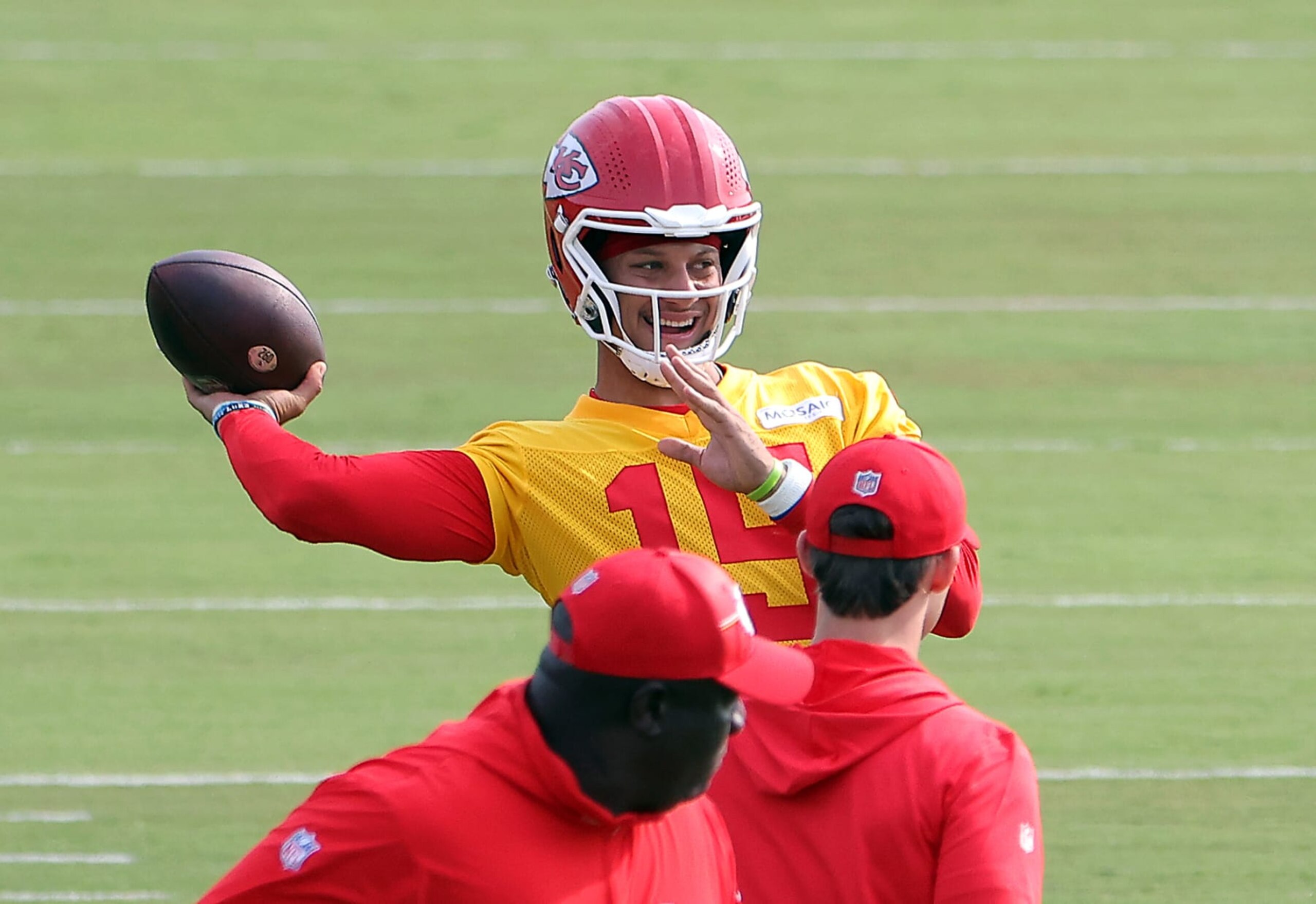 ST JOSEPH, MISSOURI - JULY 25: Quarterback Patrick Mahomes #15 of the Kansas City Chiefs passes during Kansas City Chiefs Training Camp on July 25, 2023 in St Joseph, Missouri. (Photo by Jamie Squire/Getty Images) ST JOSEPH, MISSOURI - JULY 25: Quarterback Patrick Mahomes #15 of the Kansas City Chiefs passes during Kansas City Chiefs Training Camp on July 25, 2023 in St Joseph, Missouri. (Photo by Jamie Squire/Getty Images)