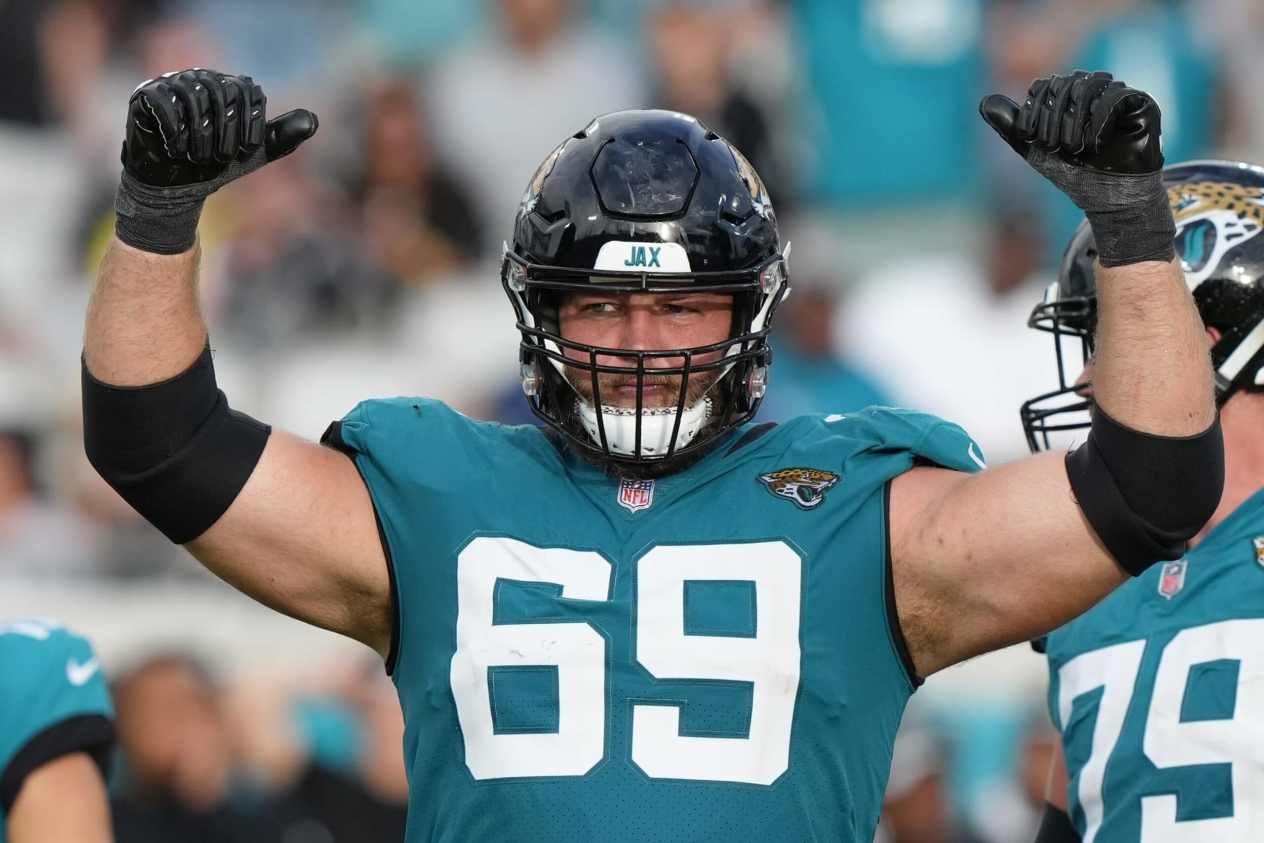JACKSONVILLE, FLORIDA - NOVEMBER 06: Tyler Shatley #69 of the Jacksonville Jaguars celebrates after a made field goal in the fourth quarter of the game at TIAA Bank Field on November 06, 2022 in Jacksonville, Florida. (Photo by Eric Espada/Getty Images)