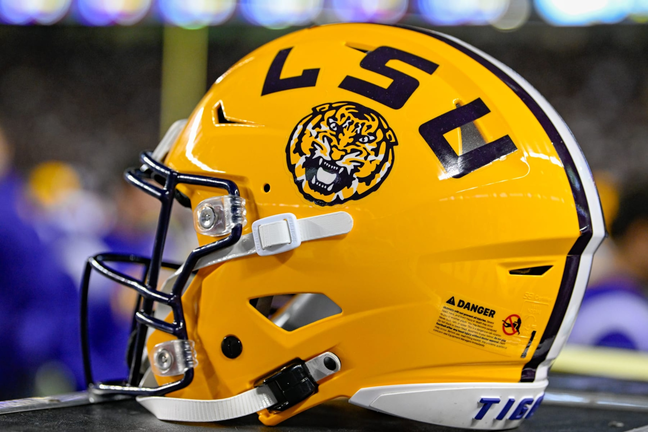 COLLEGE STATION, TX - NOVEMBER 26: An LSU helmet sits on the sideline during the football game between the LSU Tigers and Texas A&M Aggies at Kyle Field on November 26, 2022 in College Station, Texas. (Photo by Ken Murray/Icon Sportswire via Getty Images)