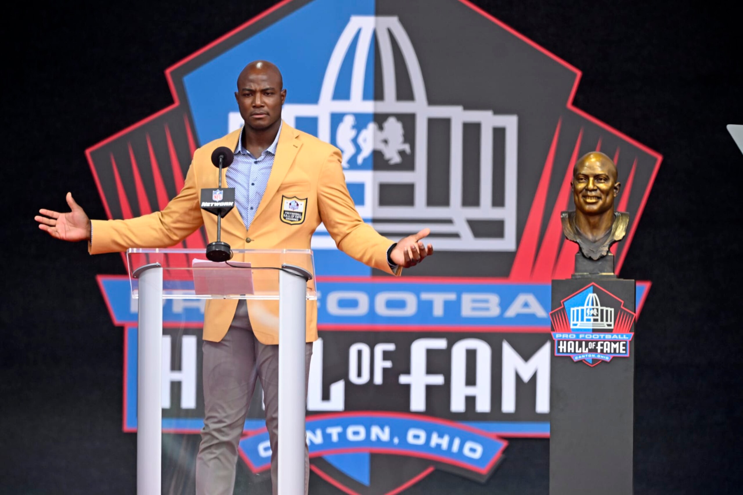 Former NFL player DeMarcus Ware speaks during his induction into the Pro Football Hall of Fame Class in Canton, Ohio, Saturday, Aug. 5, 2023. (AP Photo/David Richard) Former NFL player DeMarcus Ware speaks during his induction into the Pro Football Hall of Fame Class in Canton, Ohio, Saturday, Aug. 5, 2023. (AP Photo/David Richard)