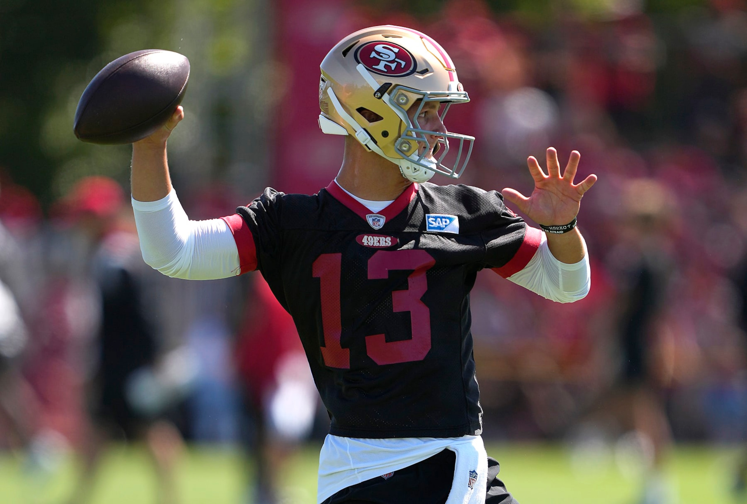 SANTA CLARA, CALIFORNIA - JULY 27: Brock Purdy #13 of the San Francisco 49ers works out during training camp at SAP Performance Facility on July 27, 2023 in Santa Clara, California. (Photo by Thearon W. Henderson/Getty Images) SANTA CLARA, CALIFORNIA - JULY 27: Brock Purdy #13 of the San Francisco 49ers works out during training camp at SAP Performance Facility on July 27, 2023 in Santa Clara, California. (Photo by Thearon W. Henderson/Getty Images)
