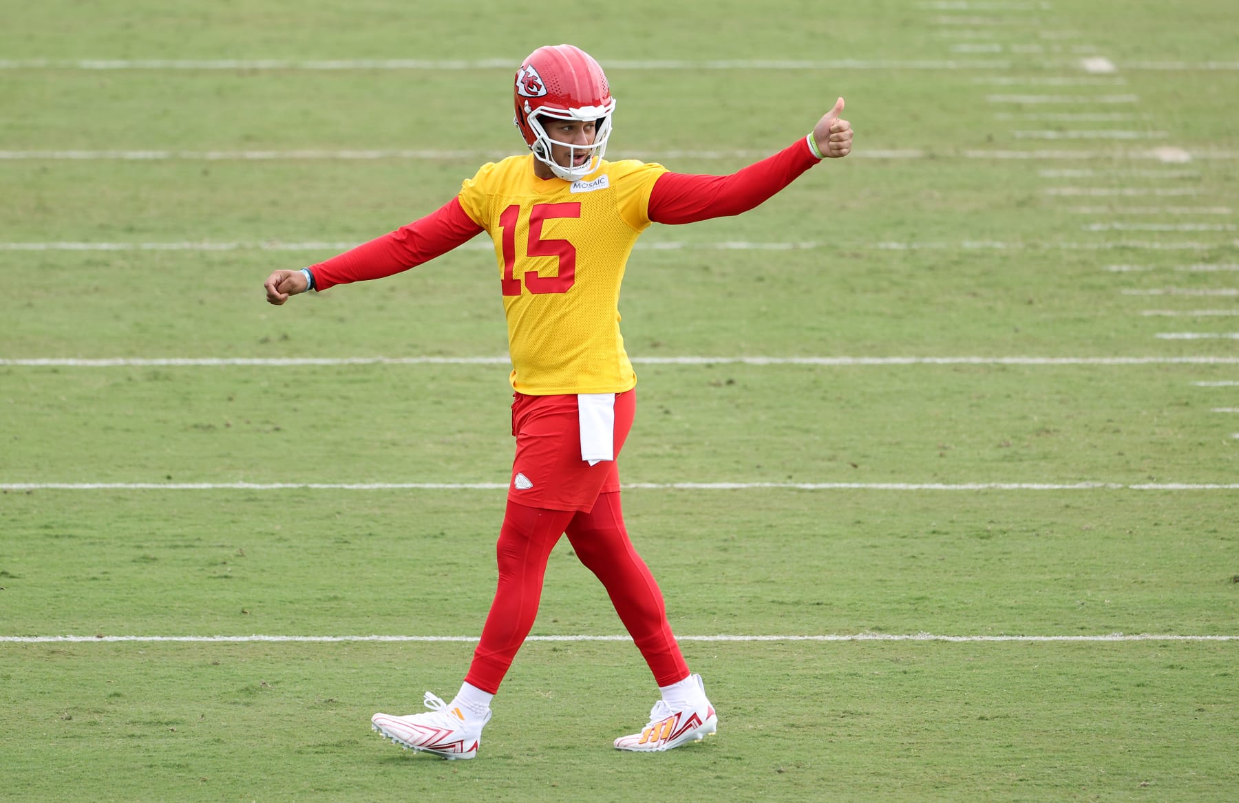 ST JOSEPH, MISSOURI - JULY 25:  Quarterback Patrick Mahomes #15 of the Kansas City Chiefs gives a thumbs up during Kansas City Chiefs Training Camp on July 25, 2023 in St Joseph, Missouri. (Photo by Jamie Squire/Getty Images)