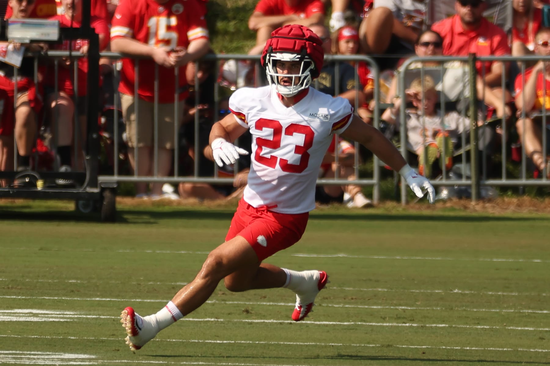 ST. JOSEPH, MO - JULY 23: Kansas City Chiefs linebacker Drue Tranquill (23) during training camp on July 23, 2023 at Missouri Western State University in St. Joseph, MO. (Photo by Scott Winters/Icon Sportswire via Getty Images)