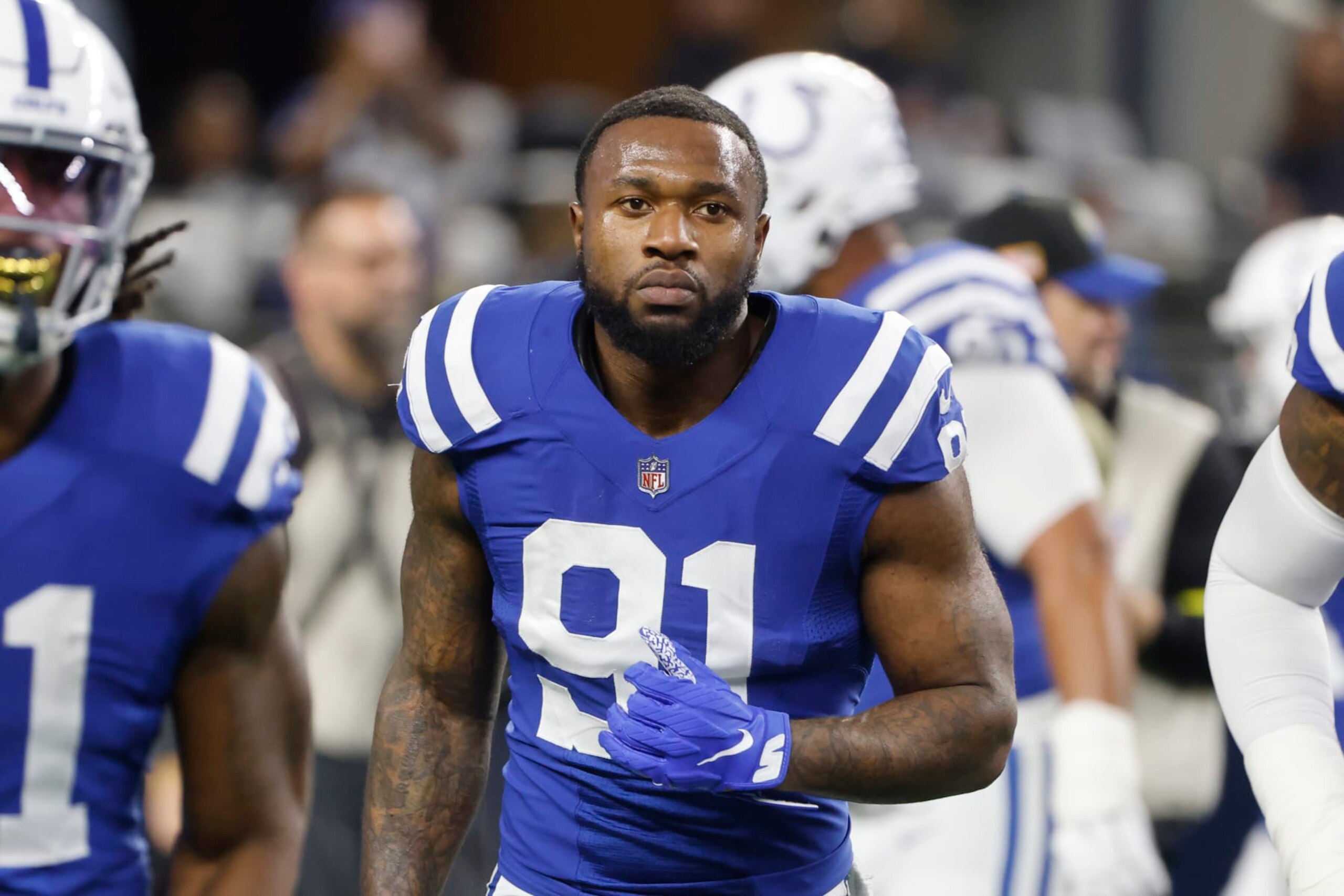 Indianapolis Colts defensive end Yannick Ngakoue (91) walks on the field during an NFL Football game in Arlington, Texas, Sunday, Dec. 4, 2022. (AP Photo/Michael Ainsworth)