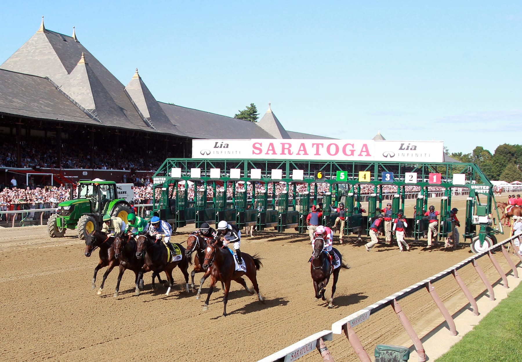 SARATOGA SPRINGS, NEW YORK - AUGUST 24: Midnight Bisou with Jockey Mike Smith aboard catches Elate at the wire to win the Grade I Personal Ensign Stakes at Saratoga Race Course on August 24, 2019 in Saratoga Springs, New York. (Photo by Horsephotos/Getty Images)