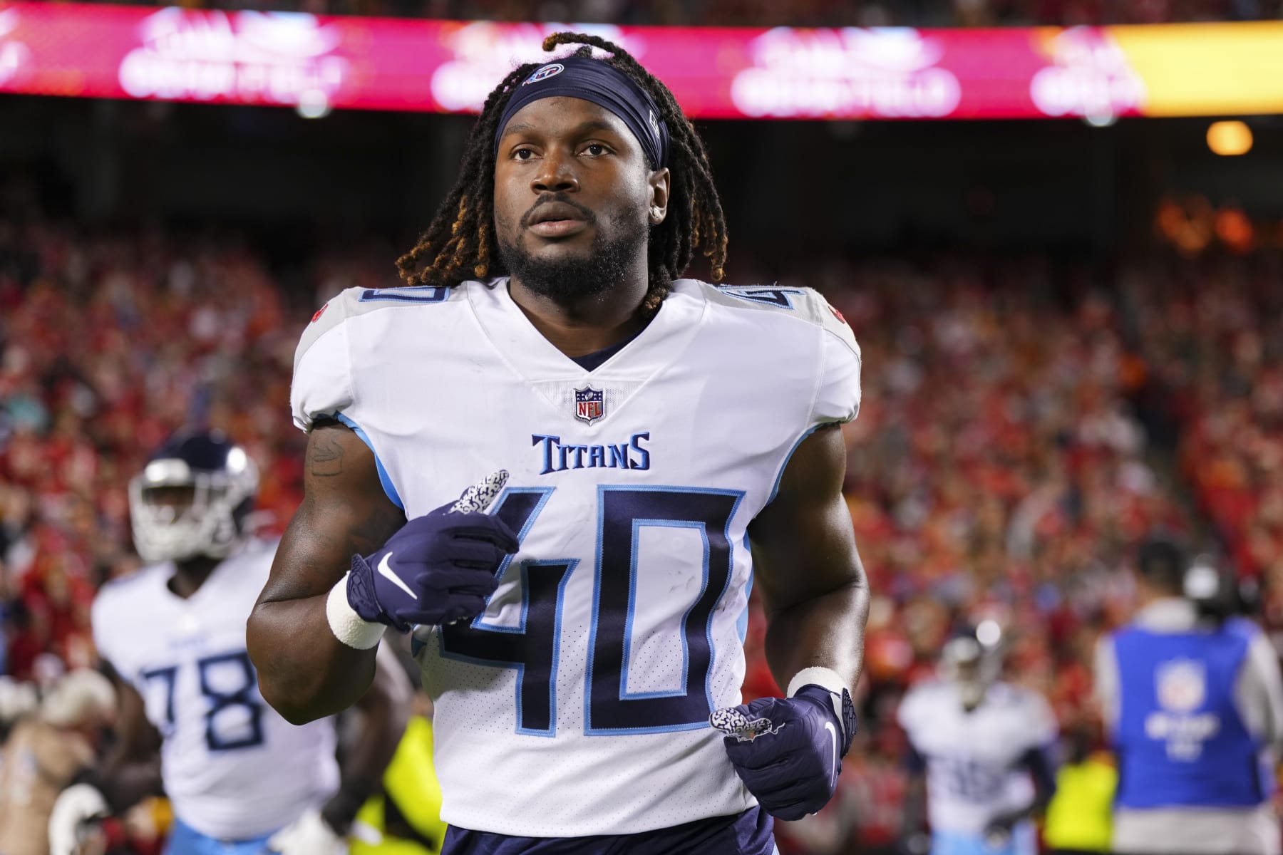 KANSAS CITY, MO - NOVEMBER 06: Dontrell Hilliard #40 of the Tennessee Titans runs onto the field against the Kansas City Chiefs at GEHA Field at Arrowhead Stadium on November 6, 2022 in Kansas City, Missouri. (Photo by Cooper Neill/Getty Images)